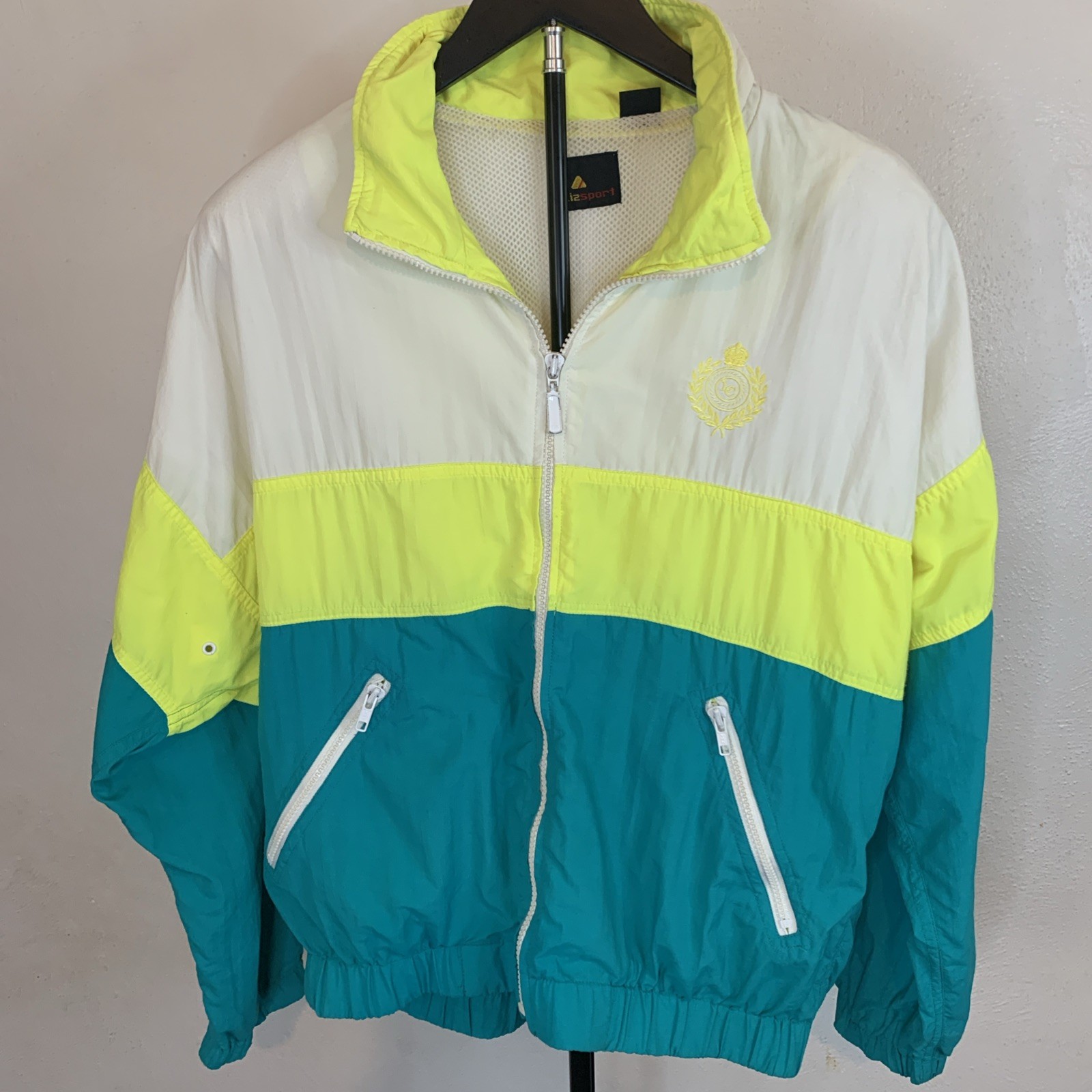 Vintage 90s Liz Sport Colorblock Windbreaker Jacket Neon Yellow Teal Small S