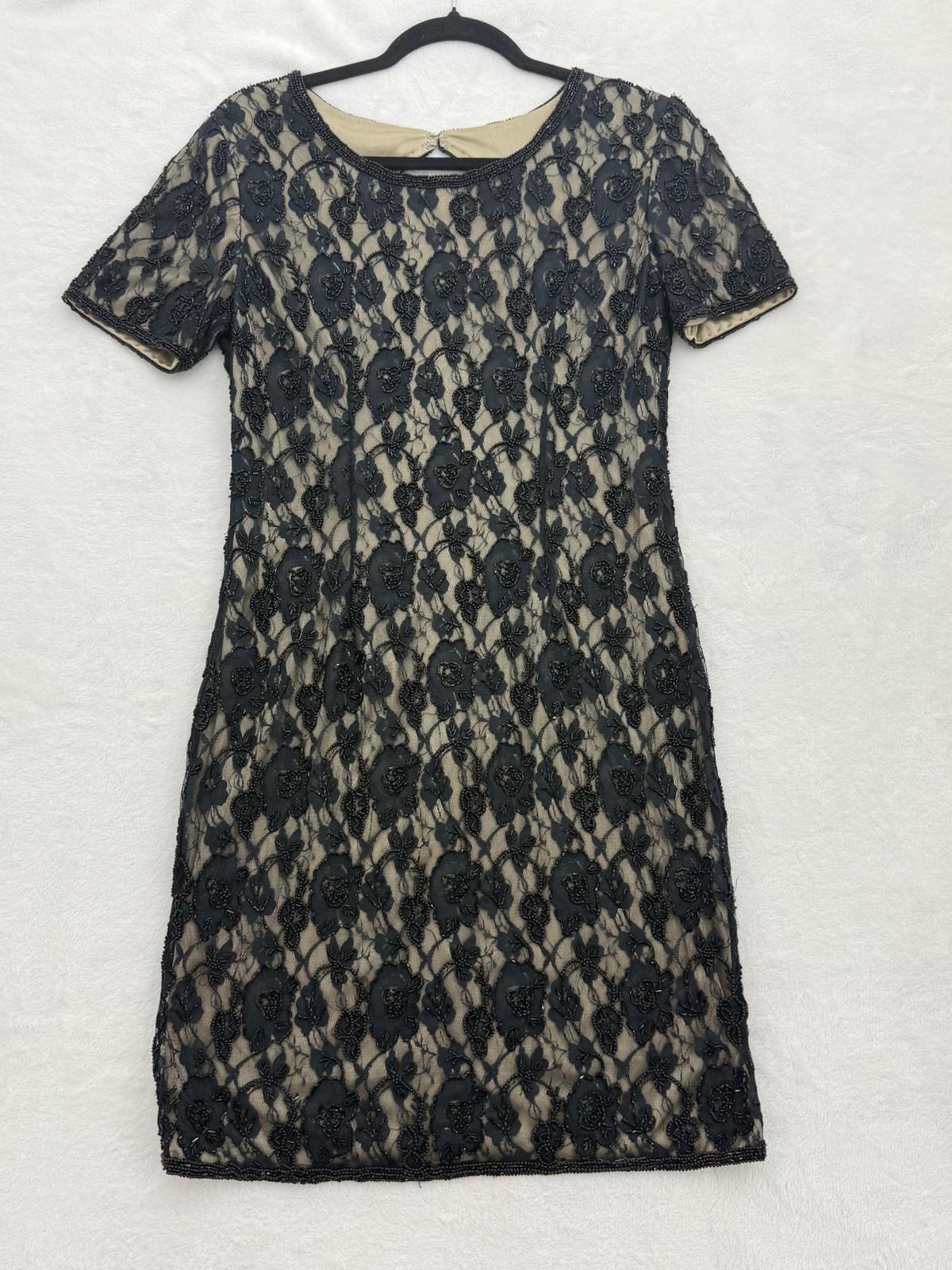 Vintage Black Lace And Nude Dress Beaded By Brilliante J.A. Size Small