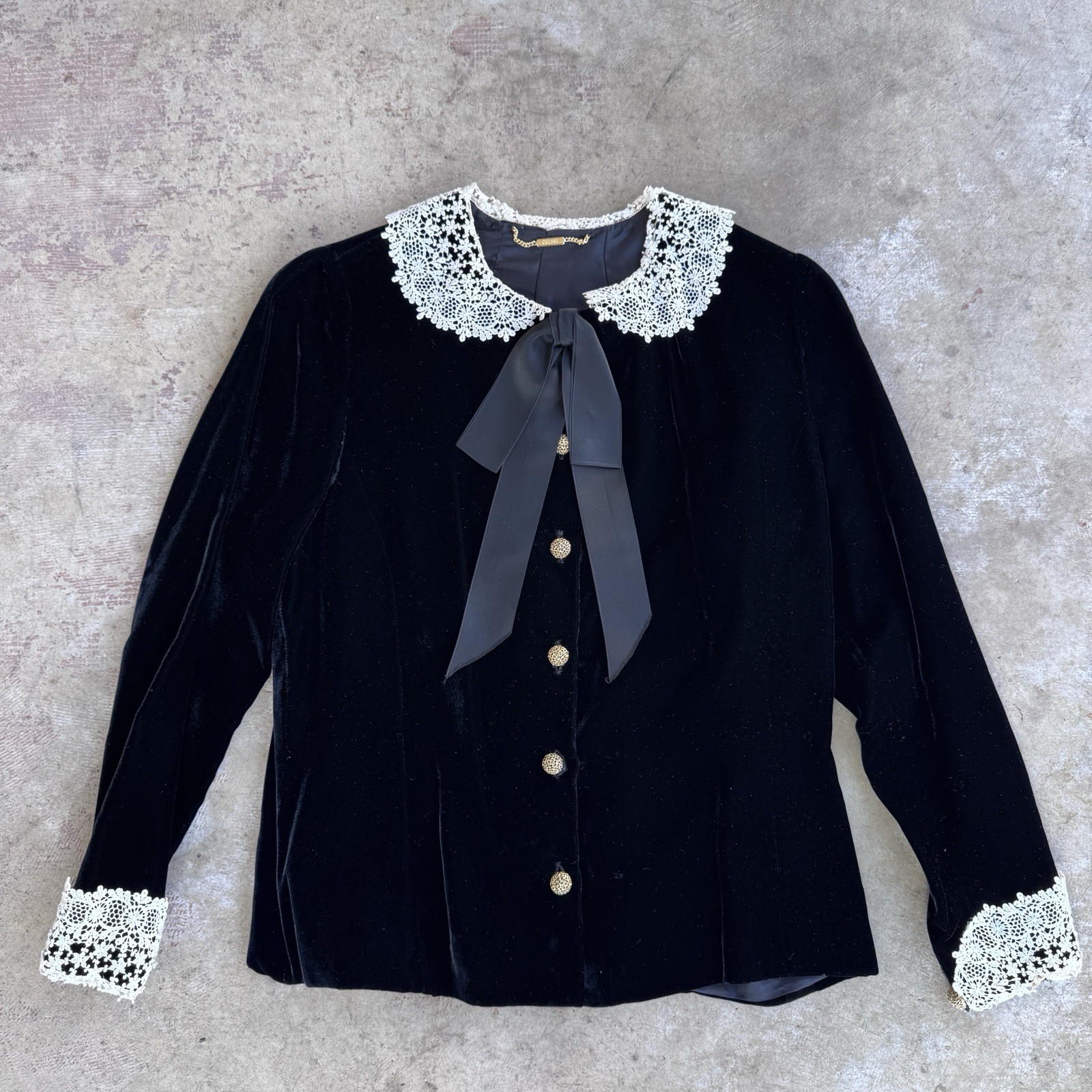 Vtg 80s Celine Velvet Blouse Lace Peter Pan Collar Jacket Tie Ribbon Silk Paris