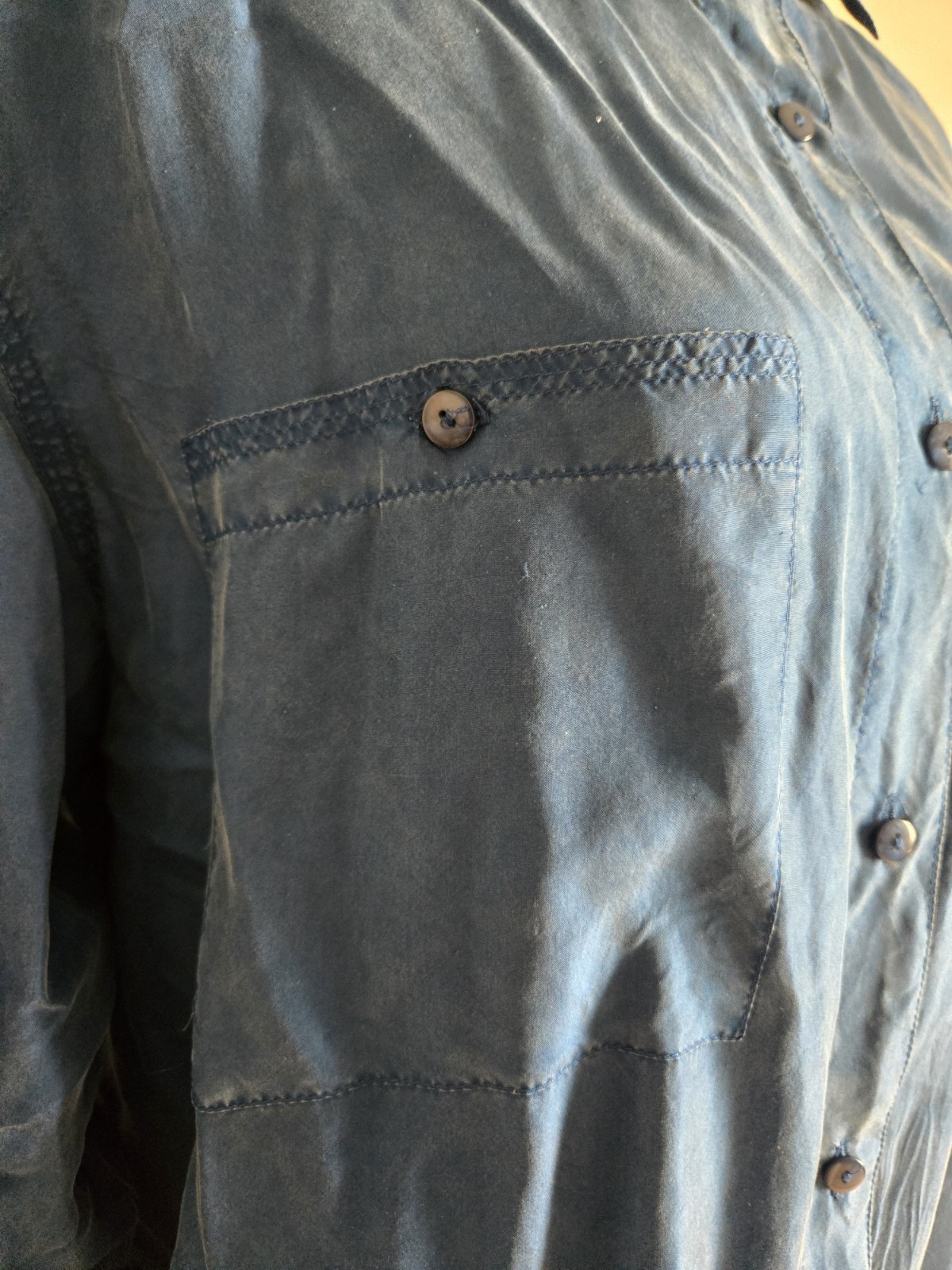 Louise Paris Women Vintave Shirt/szM/dark Blue/oversize/silk/pockt/botton/blouse