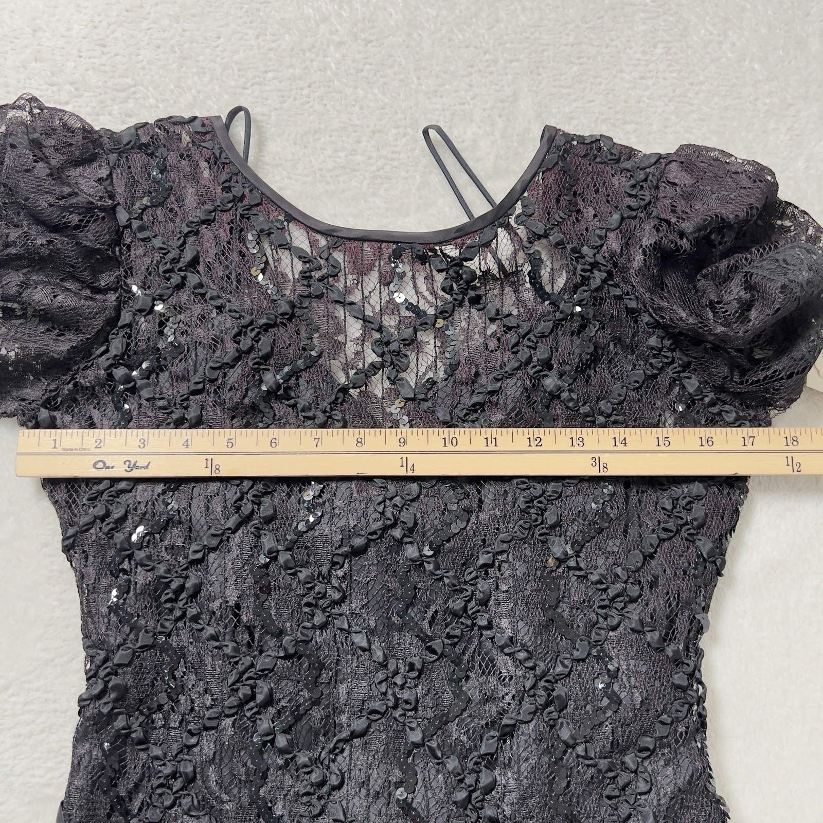Vtg HW Collections Sequined Lace Overlay Midi Dress Sz S/XS Black Scoop Back