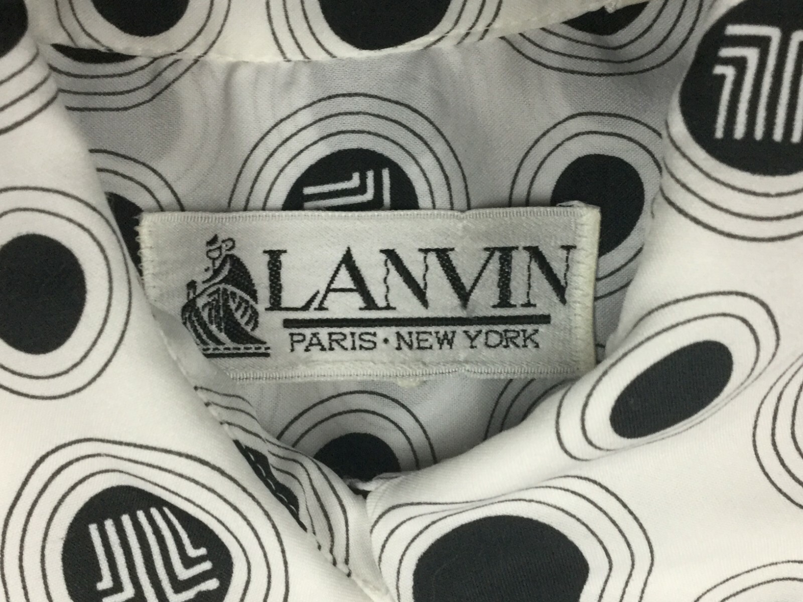 Vintage Lanvin Paris New York Shirt Dress Sz 16 Signature Logo Black White Dots