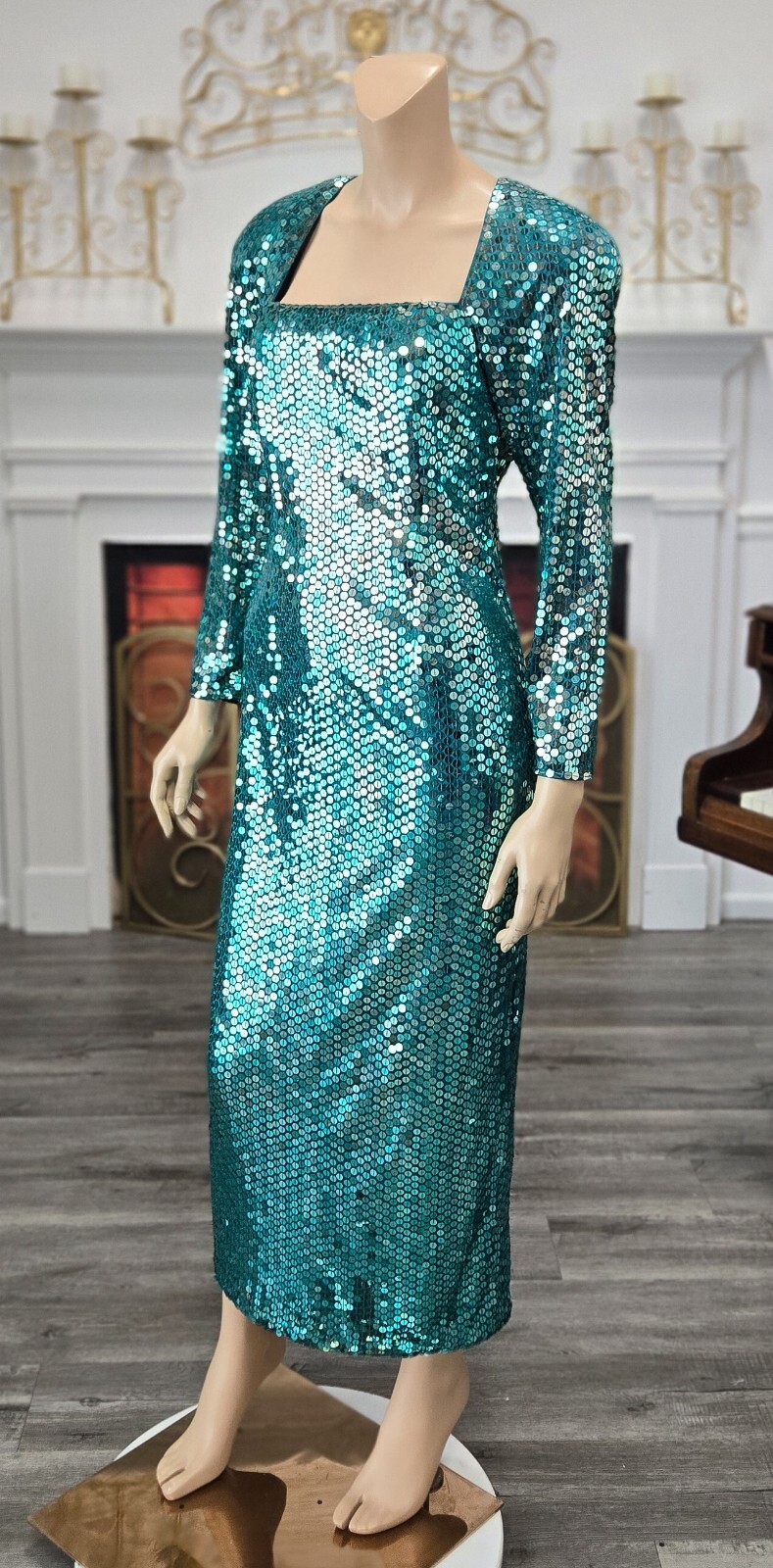 Lillie Rubin Vintage 80s Teal Sequin Pageant Prom Party Formal Dress sz 10