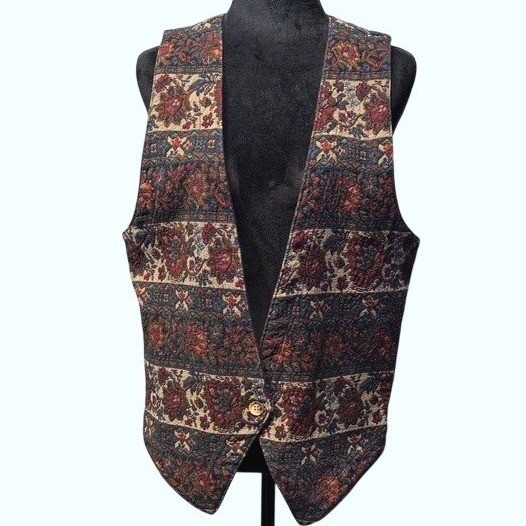 Vintage Gotcha Covered Tapestry Floral Woven Burgundy Blue Boho Womens Vest Lg