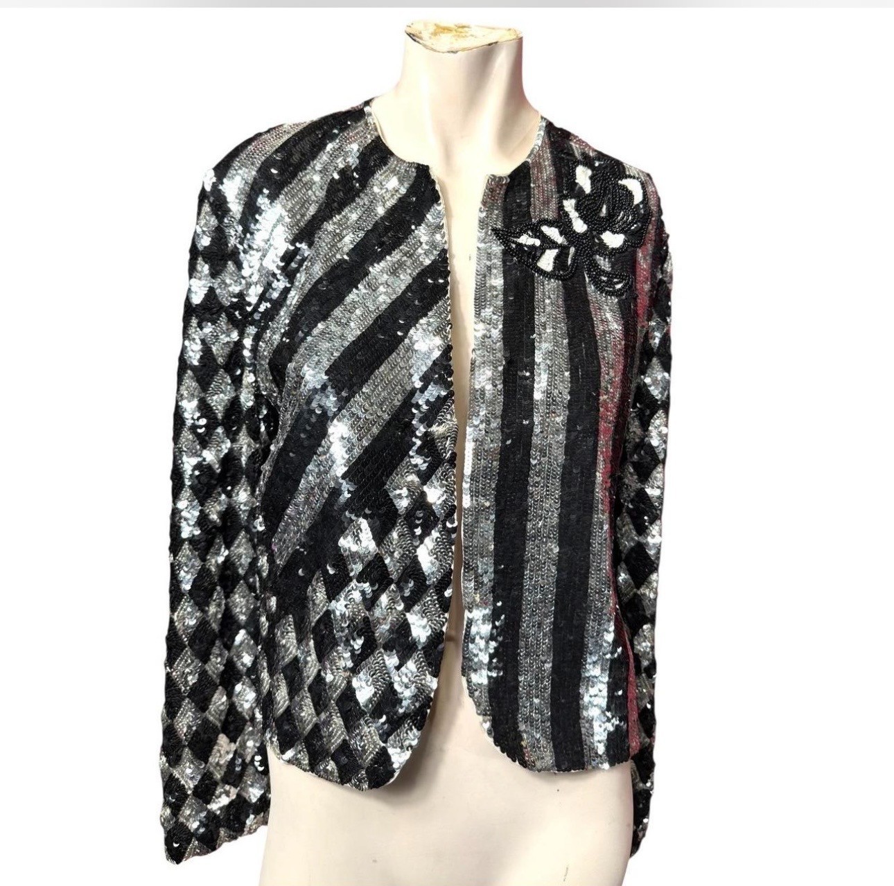 Vintage Black & Silver Sequin Jacket | Art Deco Pattern Statement Blazer | Eveni