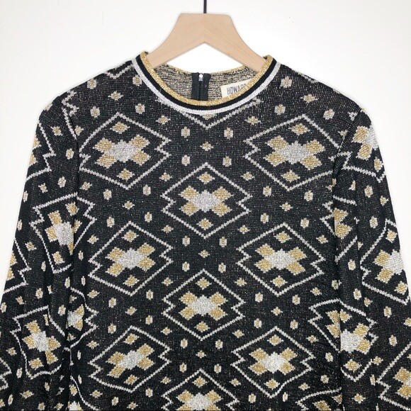 Vintage Metallic Geometric Sweater Black Gold Holiday Christmas Medium