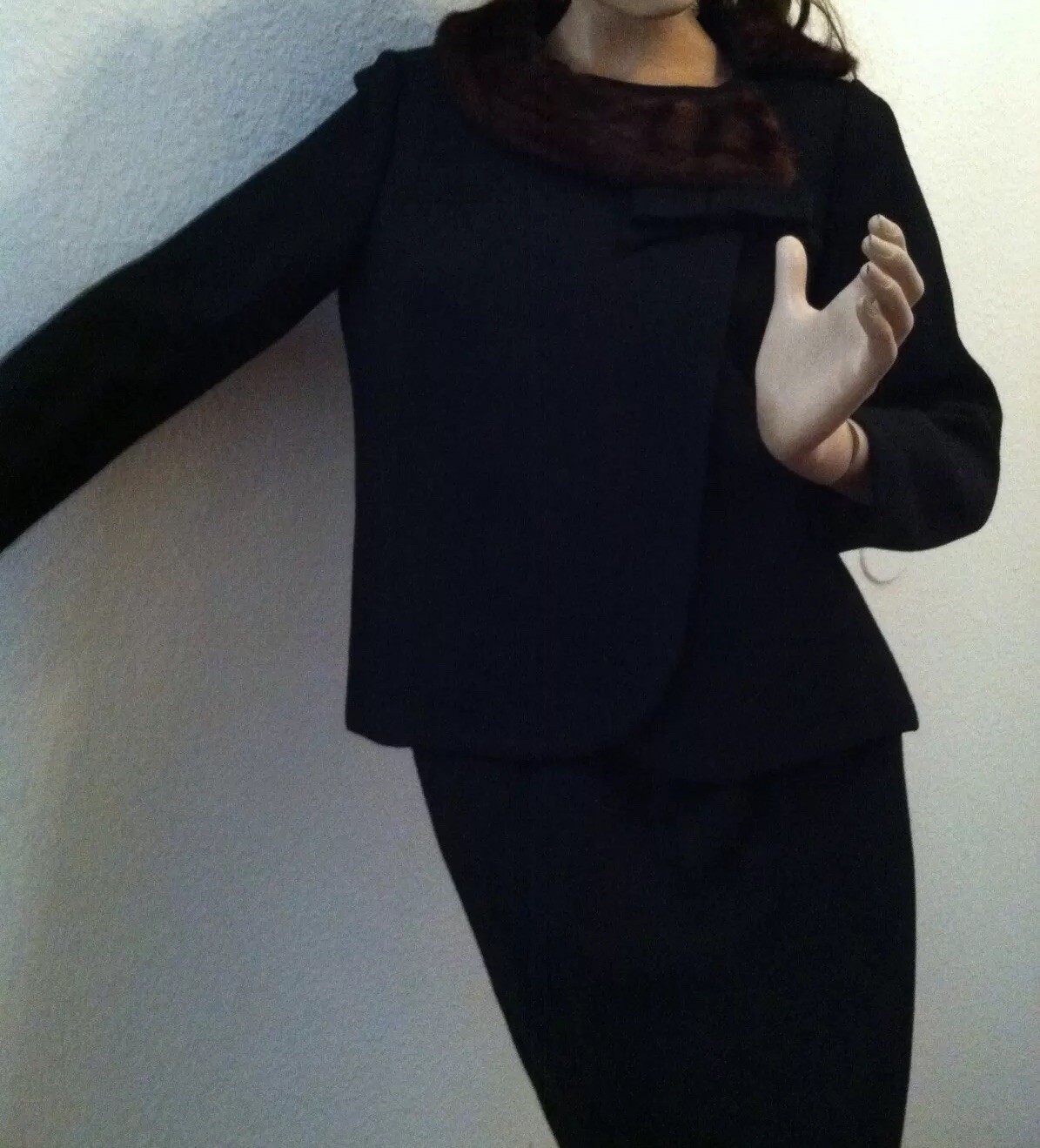 Vintage Vtg Wool Suit Fur Collar Black Medium ? 1940’s 1950’s AS IS Moth Holes