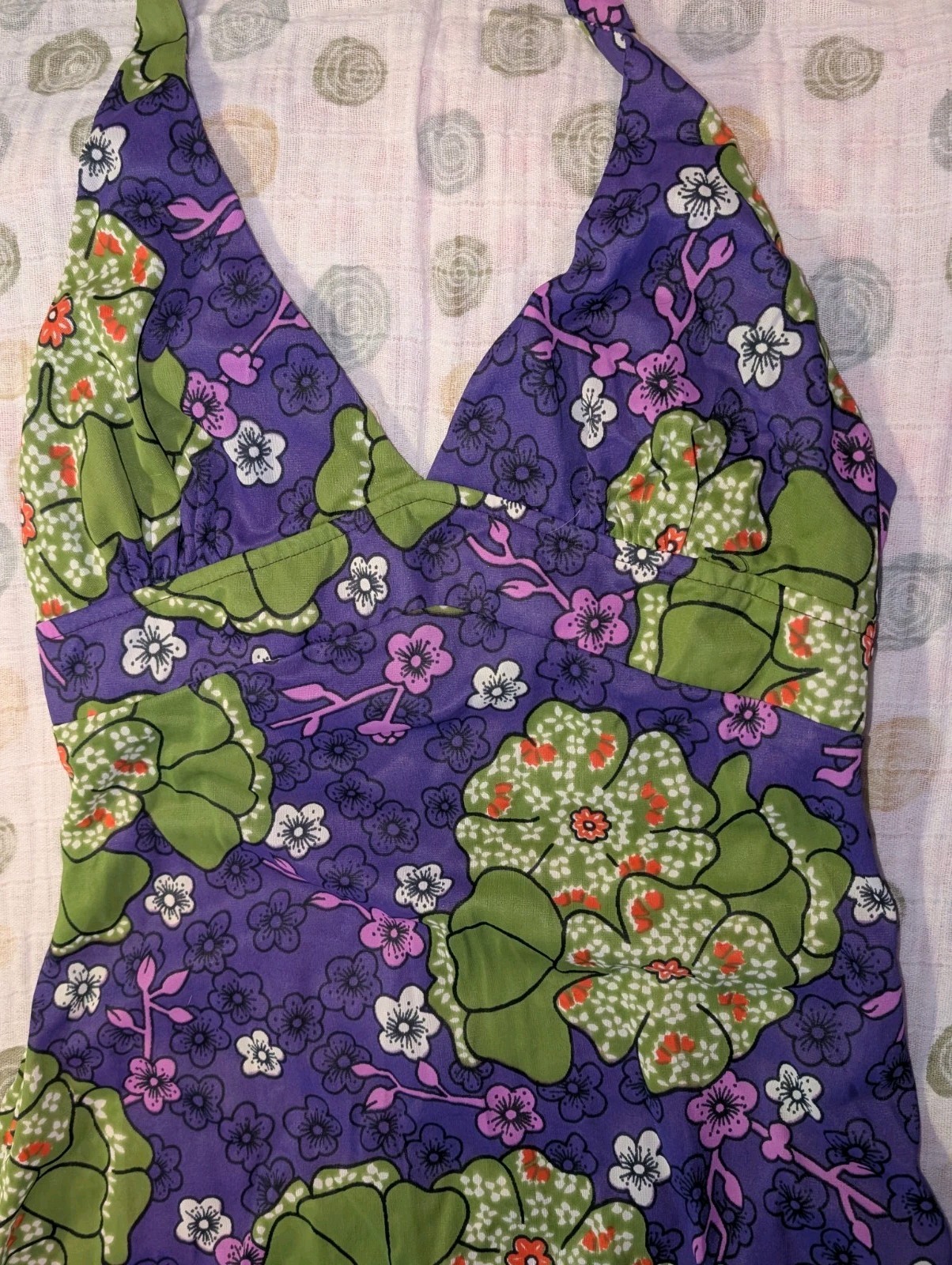 Vintage 70s HOUSE OF NINE Floral Halter Maxi Dress S Nylon Az 7 Green Purple