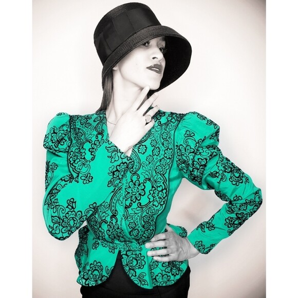 Vintage RARE Turquoise Floral Blazer Top For David Howard Climax Karen Okada