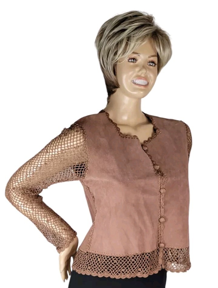 Vtg Y2K Kroshetta By Papillon Brown Leather Suede Crochet Boho Cardigan Top M