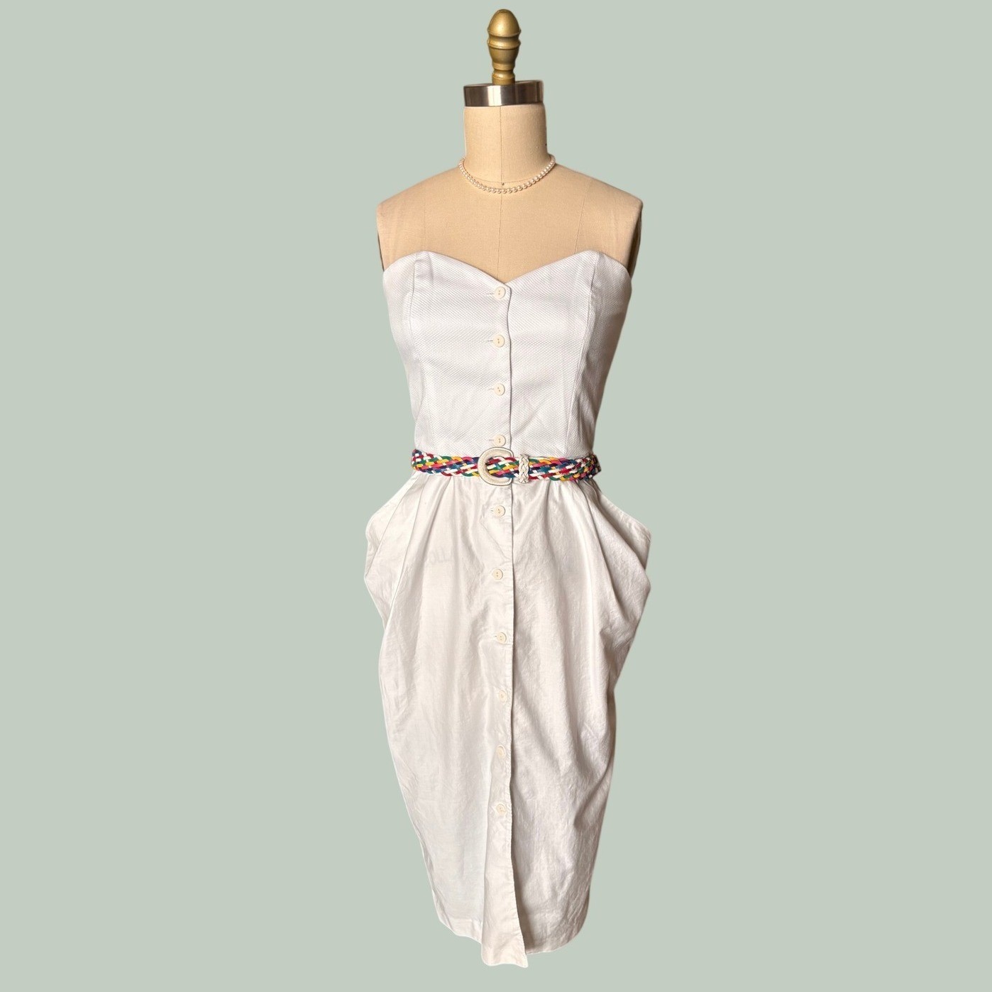 Regina Kravitz Strapless Button Front Midi Dress Pockets White Size 14 Vintage