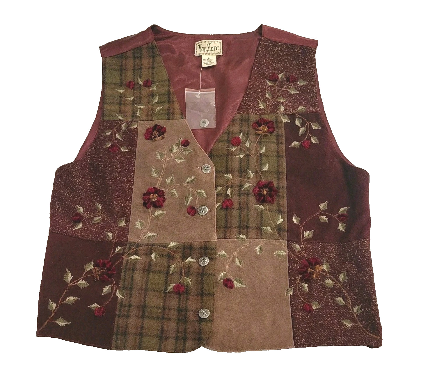 NWOT Vintage Womens Burgundy Vest Suede Leather Wool Embroidered Patchwork Large