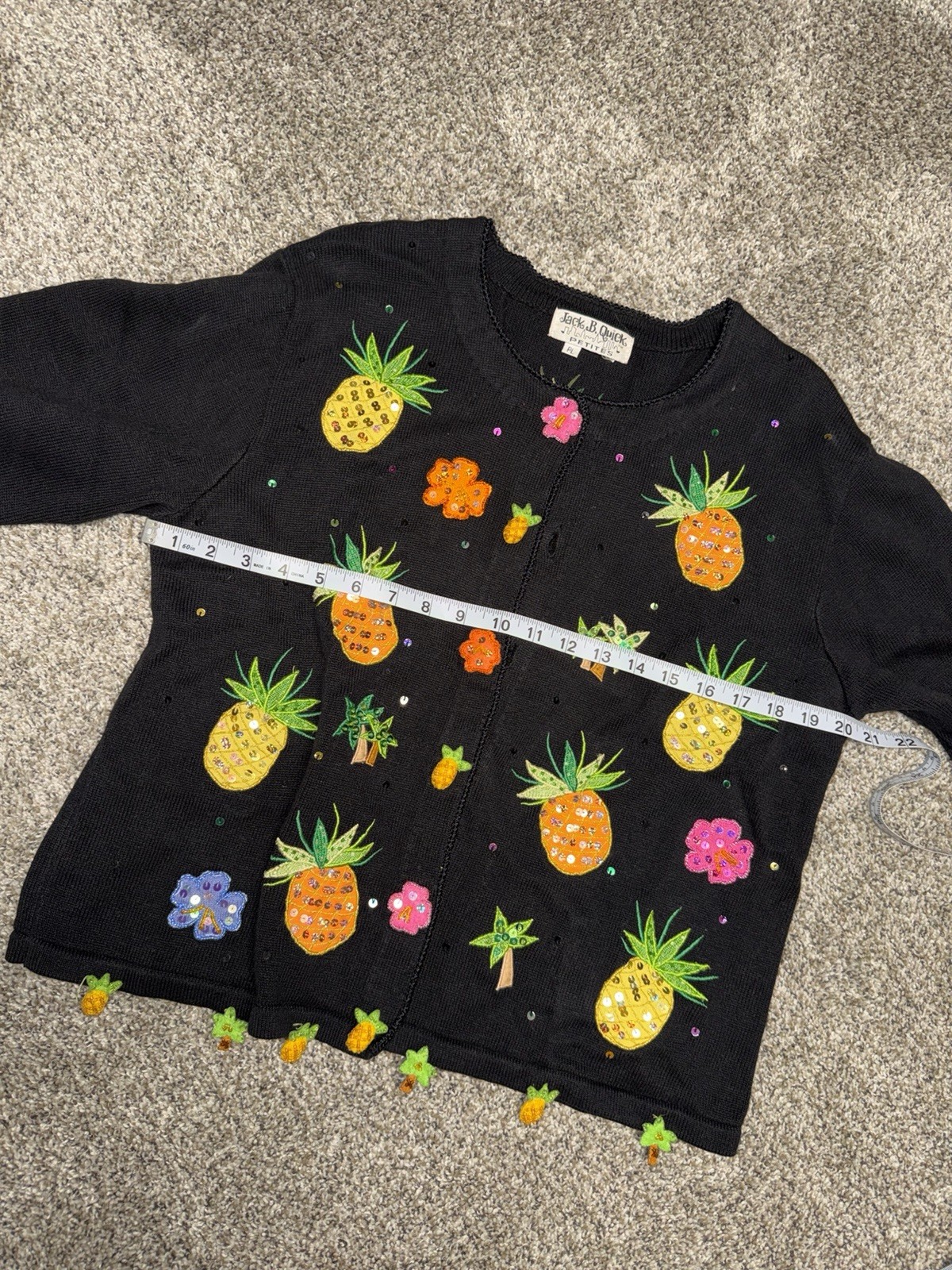 Jack B. Quick Pineapple Cardigan Size Petite Large Tropical Palm Trees 90’s