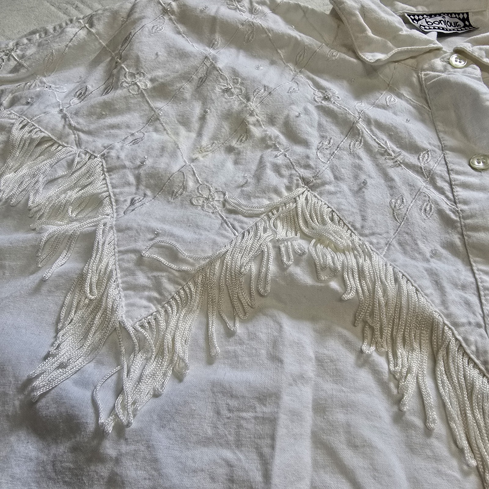 Vintage Bonjour White Button Top Fringe Embroidered Cowgirl Western Festival