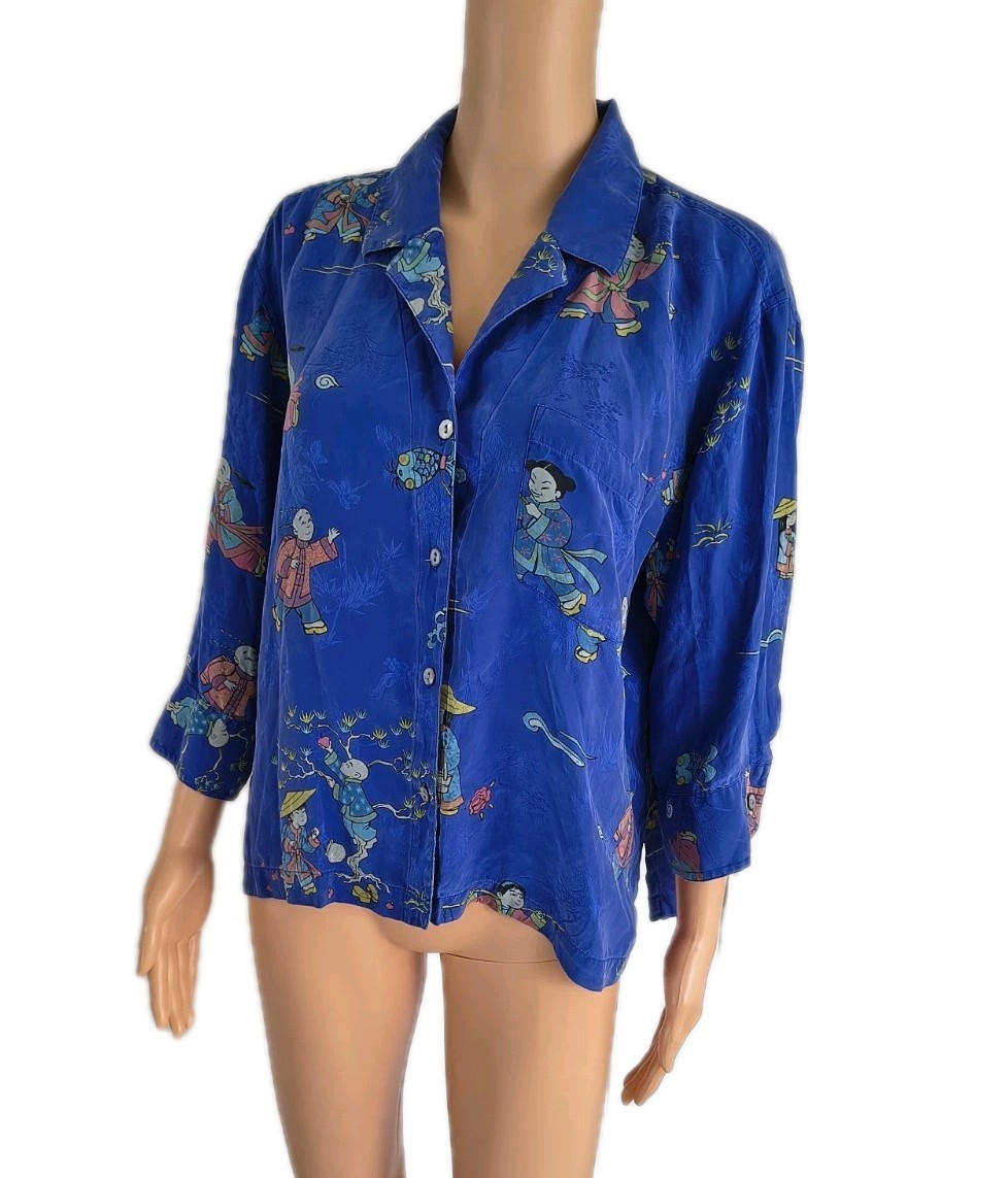 Vintage 80s 90s Chico’s Design Asian 100% Silk Blouse Royal Blue Size L
