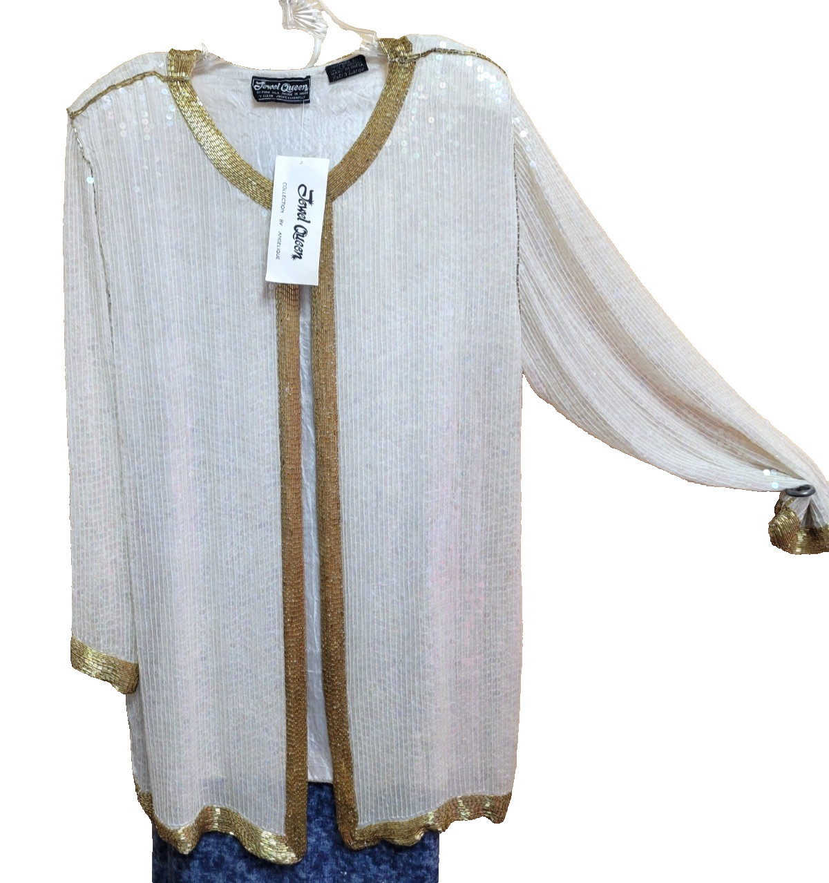 VINTAGE Jewel Queen 100% Pure Silk Cream Sequin Gold Bead Trim Jacket XL NWT