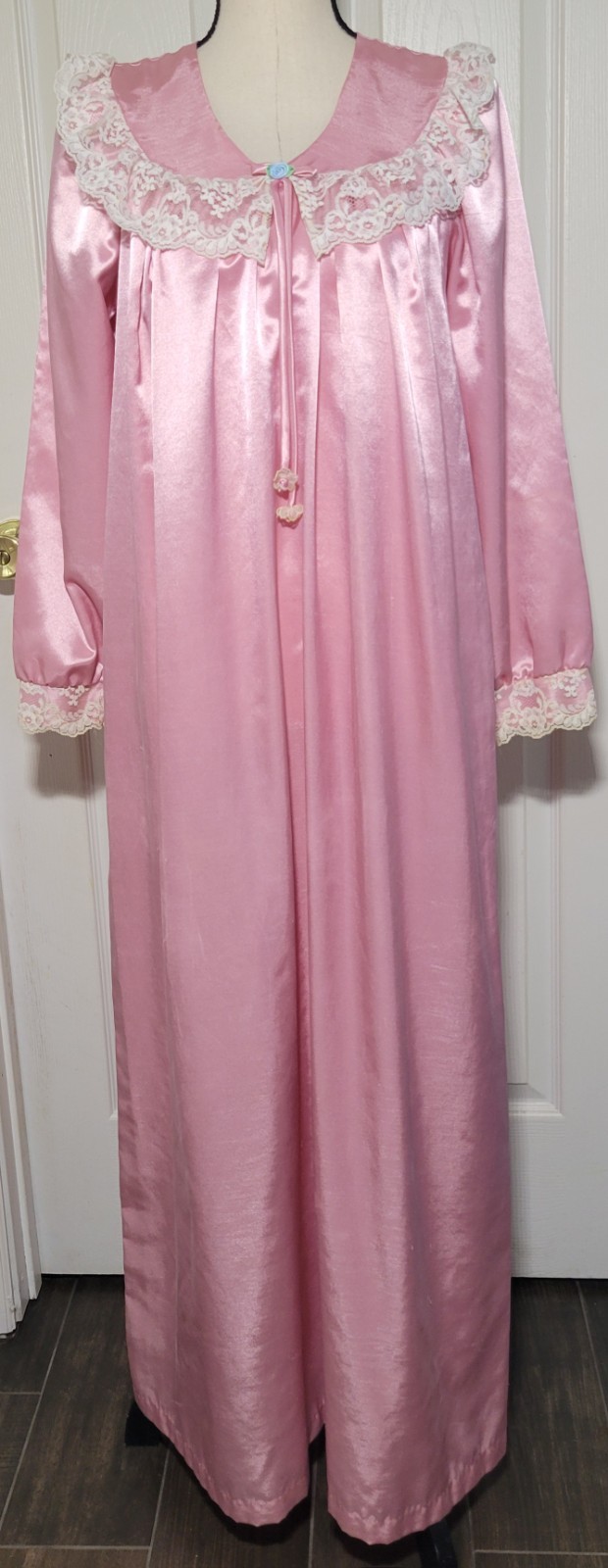 Vintage Brandywine Pink Satin Nightgown Lace Trim Petite USA Long Lingerie 70s