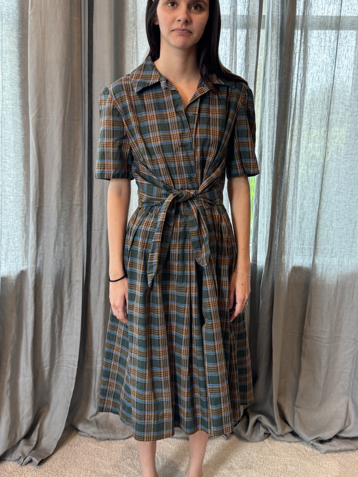 Vtg 50s Plaid Cotton Shirtwaist Dress Full Pleated Skirt M