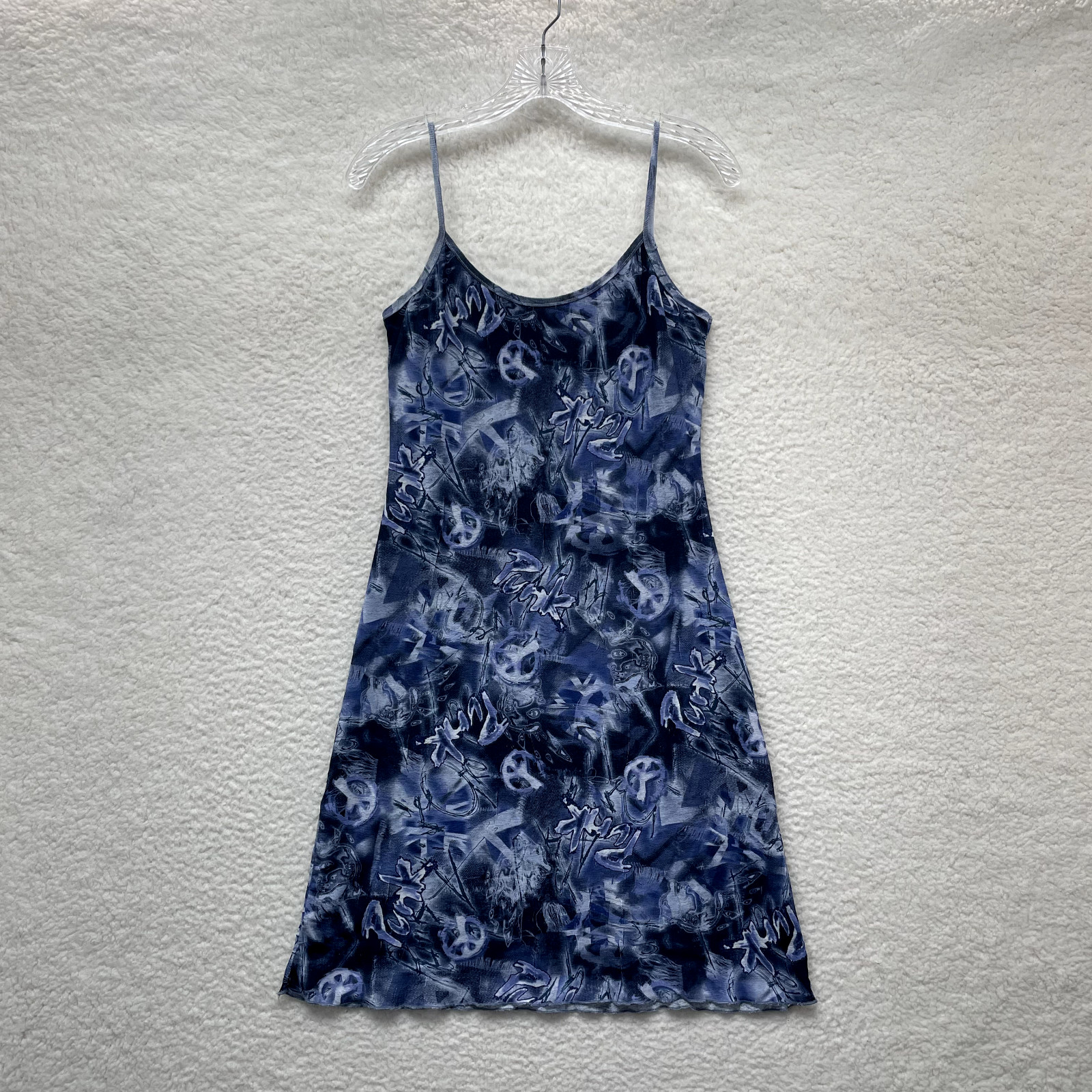 90s Y2K Vintage Mesh Mini Dress Large Blue Cyber Club Rave Fairy Goth Whimsigoth