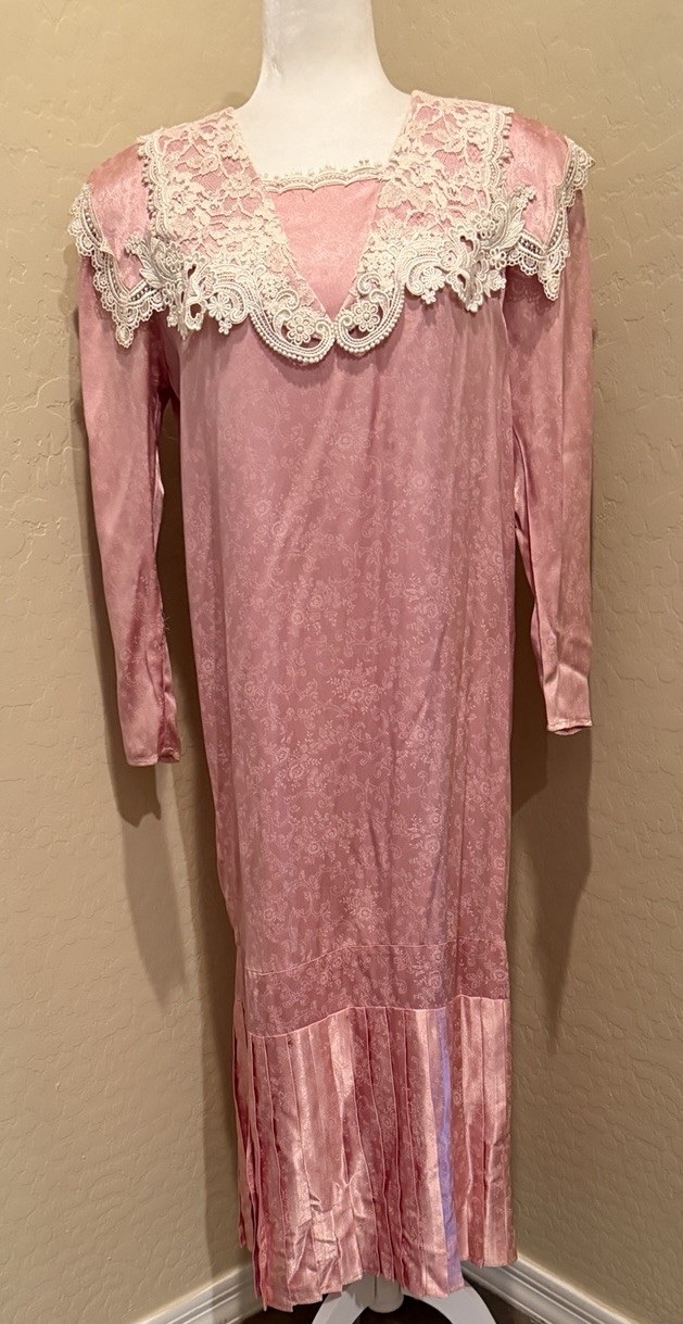Vintage Scott McClintock Dress Dusty Rose Satin Lace Damask Pleated SZ 8 Modest