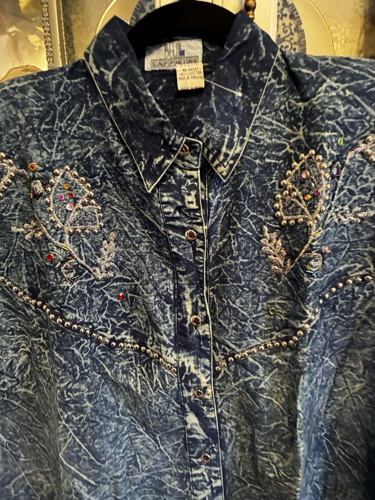 80s 90s Blu Sapphire Acid Wash Bedazzled Short Sleeve Jean Shirt Shoulder Pads M
