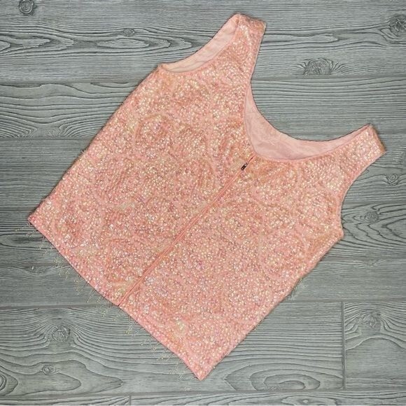 Vintage 1960s pink beaded sequin tassel fringe silk shirt barbie core sleeveless