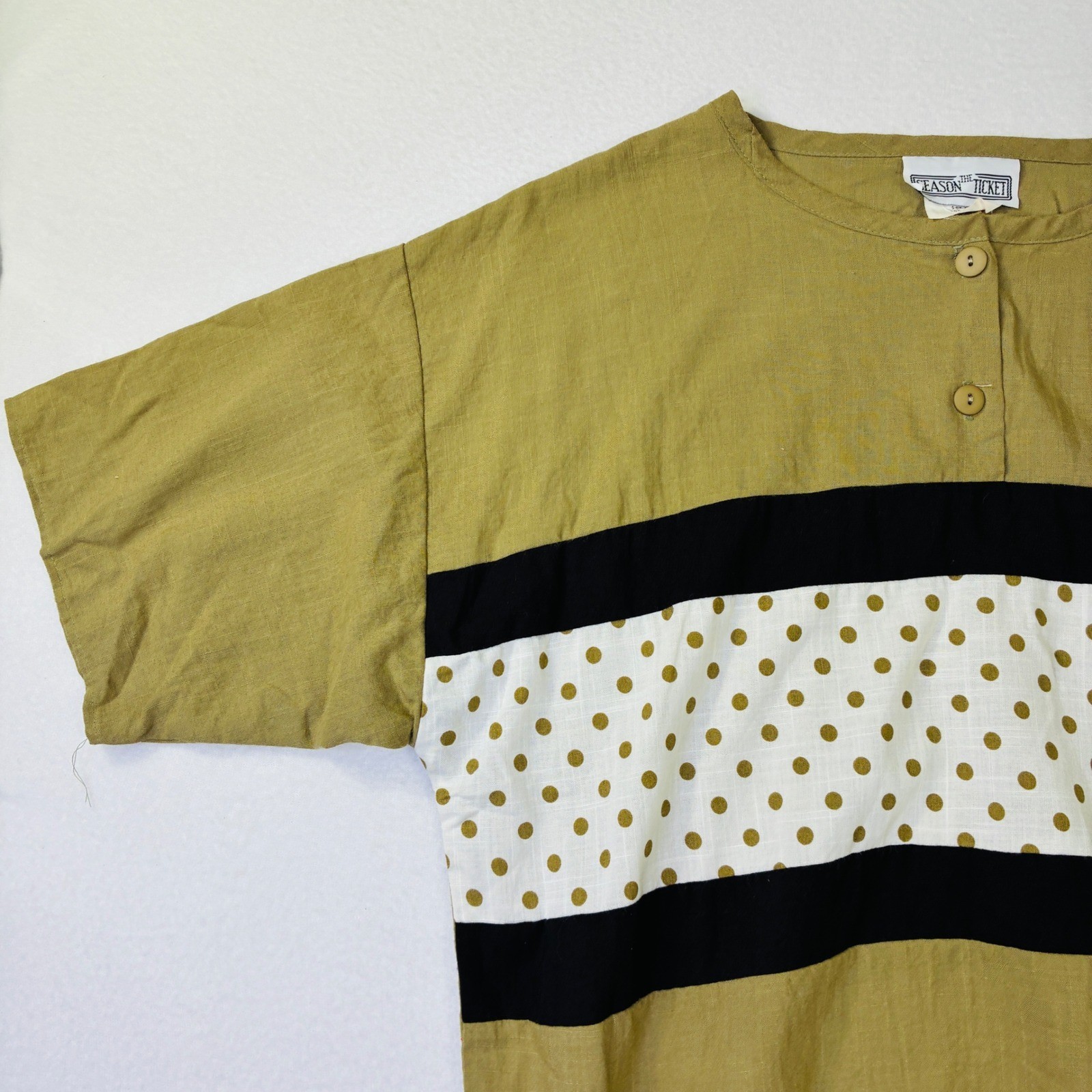 Vintage The Season Ticket Polka Dot Colorblock Henley Top Mustard Yellow Size M