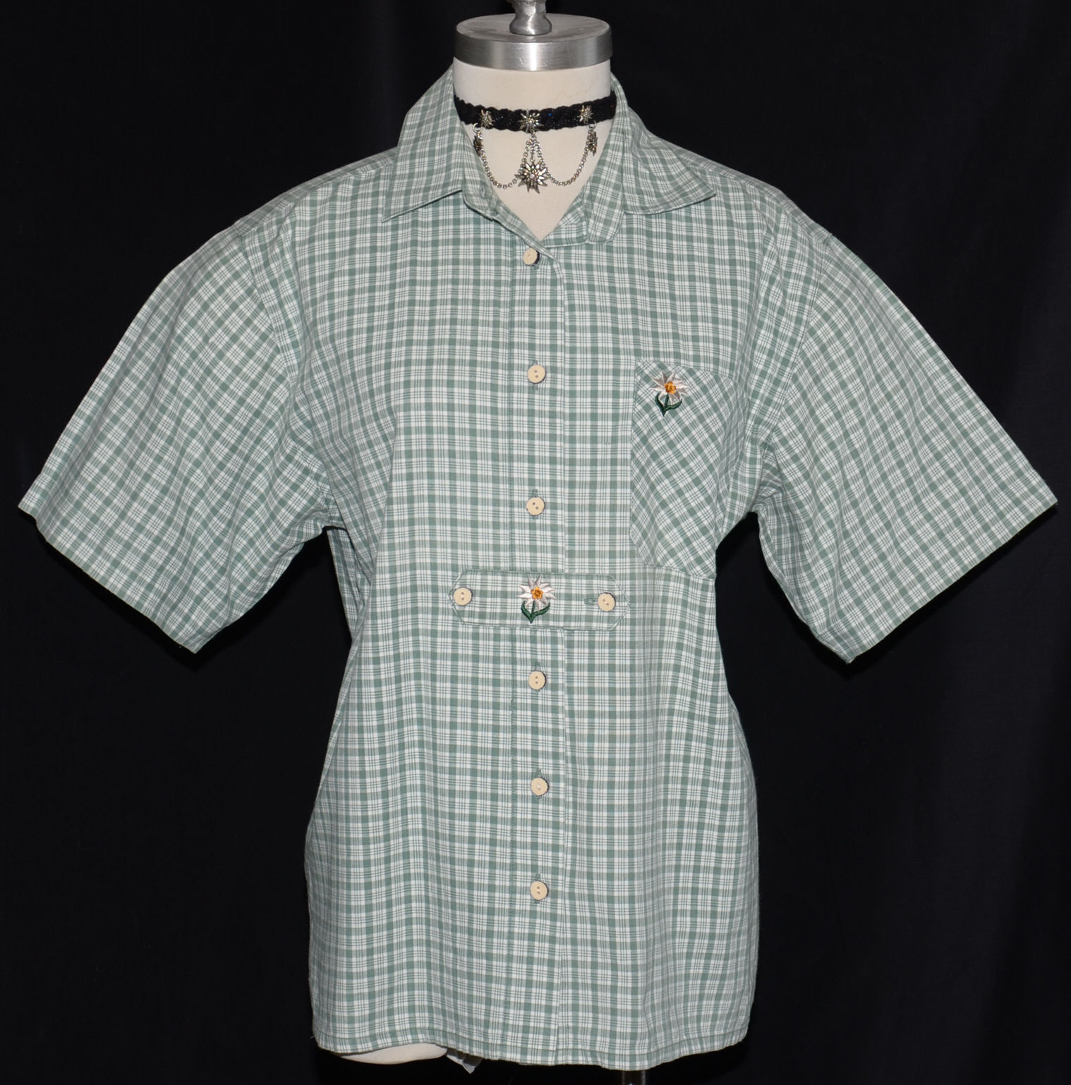 L 14 HAMMERSCHMID German Western COTTON BLOUSE Top GREEN & WHITE PLAID