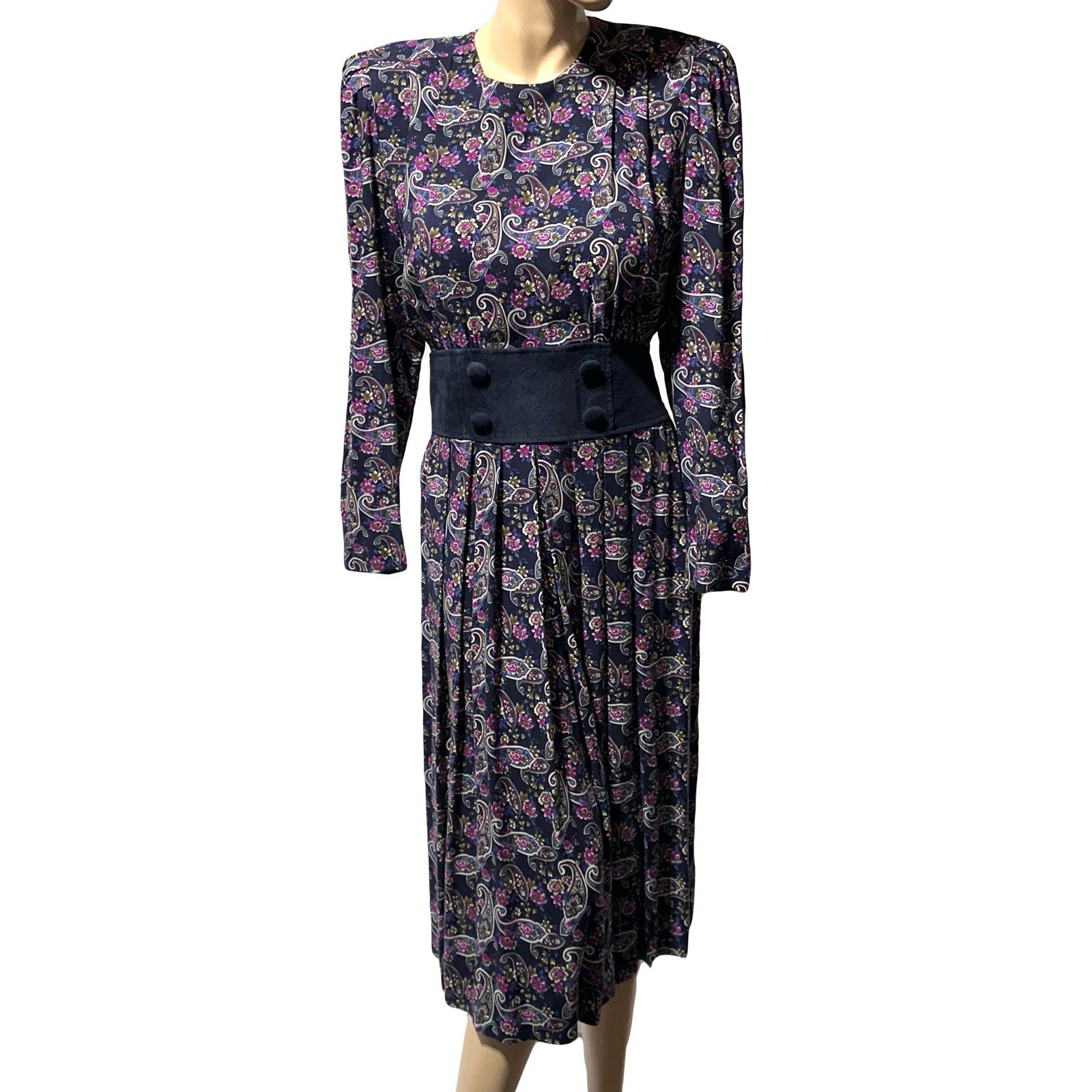 VTG 80s KARIN STEVENS Midi Dress Women’s Size 10 Paisley Print Pleated Modest