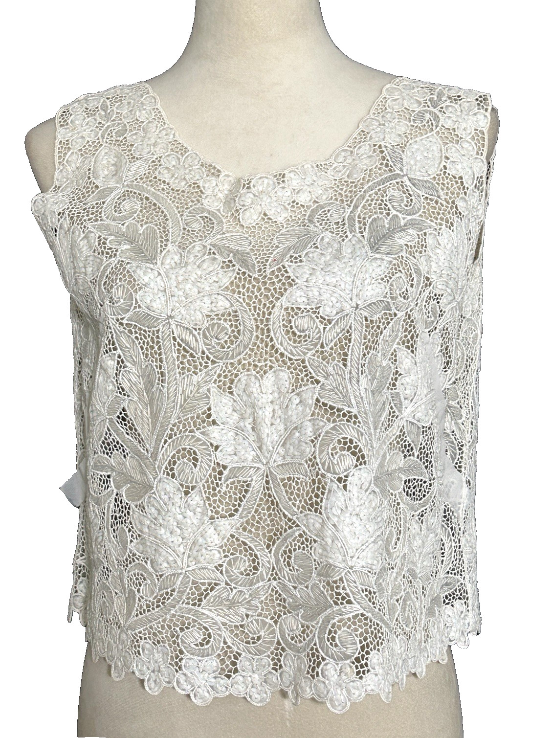 Vintage Hand Finished Floral Sequined White Silver Beaded Lace Applique Top