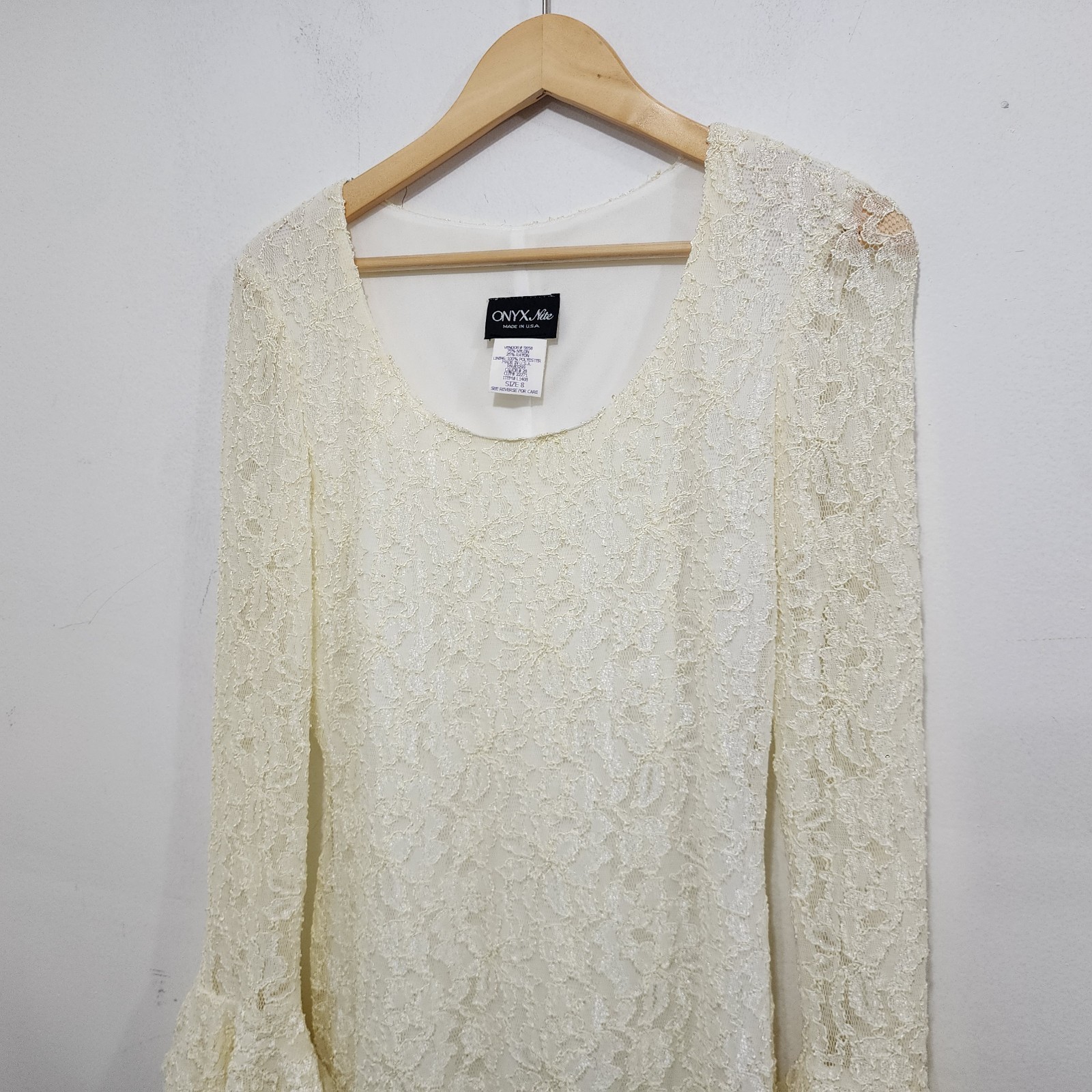 Onyx Nite 90s Vintage Cream Lace Bell Sleeve Mini Dress NEW Womens Sz 8 Stretch