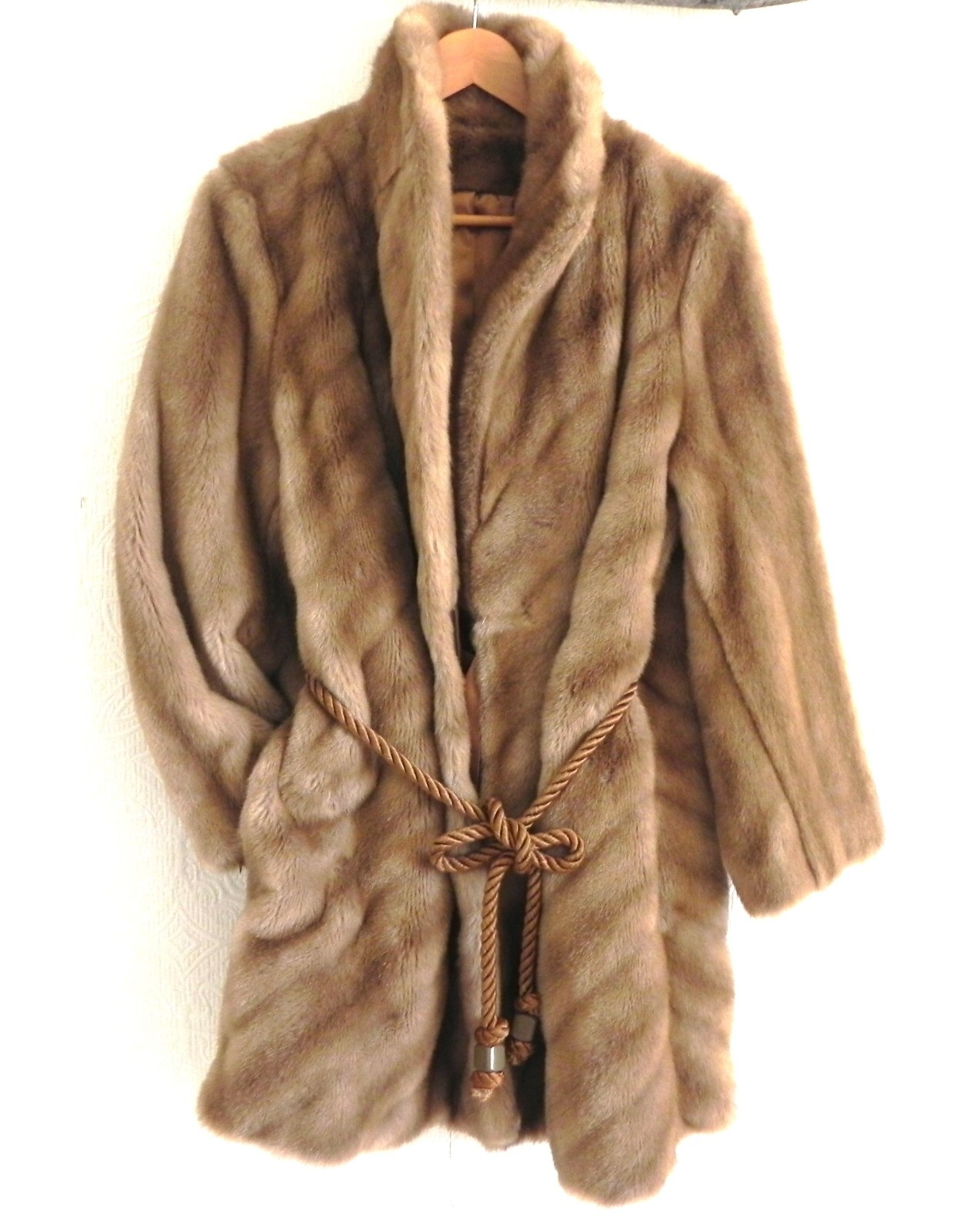 Tissavel France Faux Fur Coat Rope Tie Waist Pockets Shawl Collared Size US10
