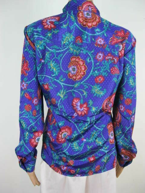 Pykettes Vintage Blouse Size 14 Purple Red Green Long Sleeve Hidden Button Front