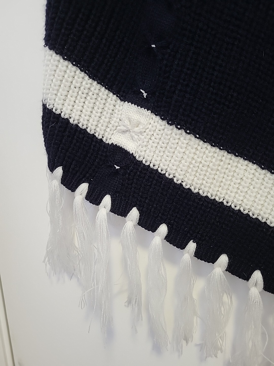 Vintage Poncho Knit Fringe Pom Poms Button Front Navy White