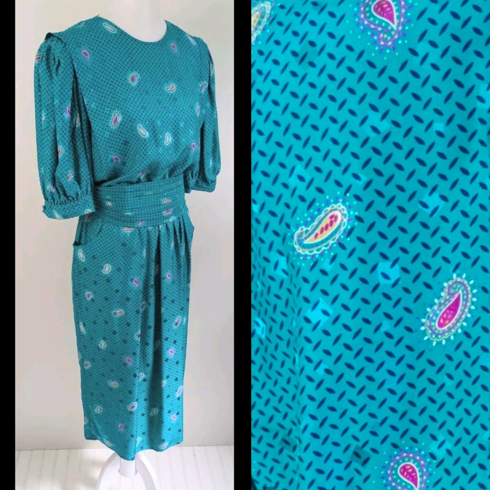 90s Maggy London 100% Silk Day Dress Jewel Tone Teal Classic Old Money Secretary