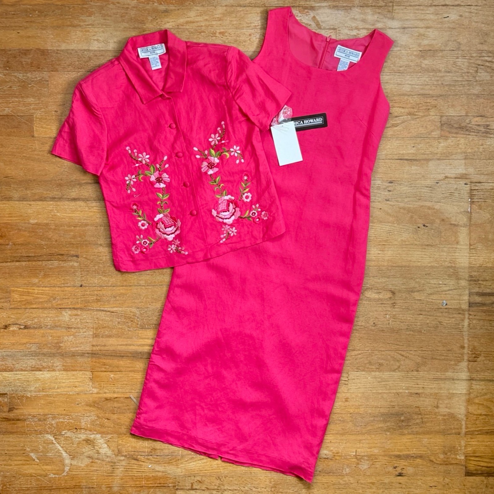 Vintage Floral Embroidered Dress Top Set Size Small 90s Pink Beaded Linen Blend