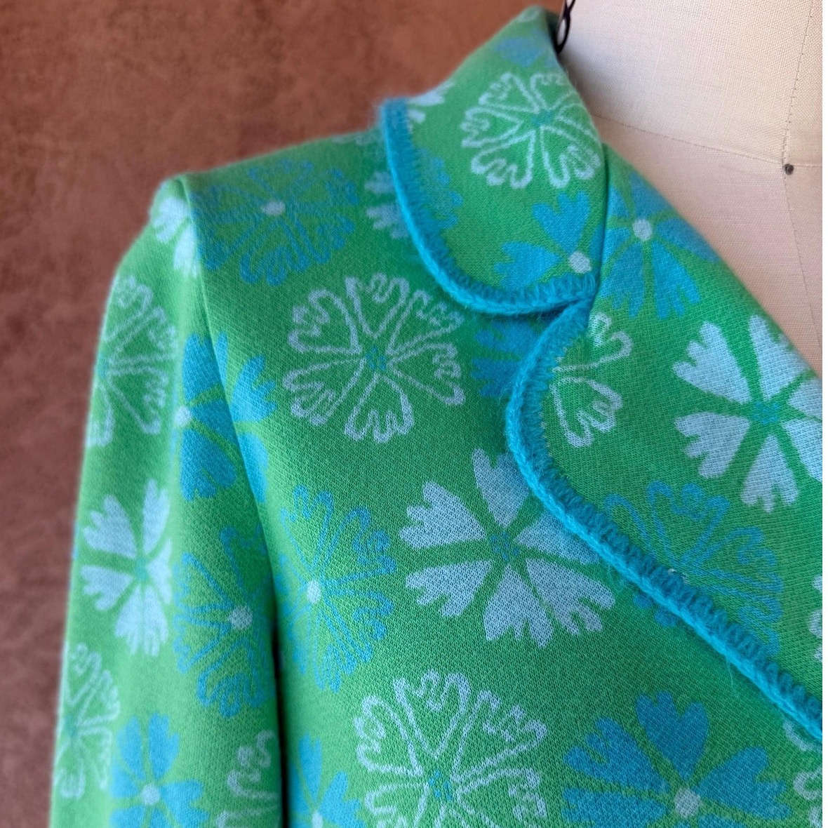 1960s Mod Floral Knit Blazer Jacket, Green Blue Orlon Double Breasted
