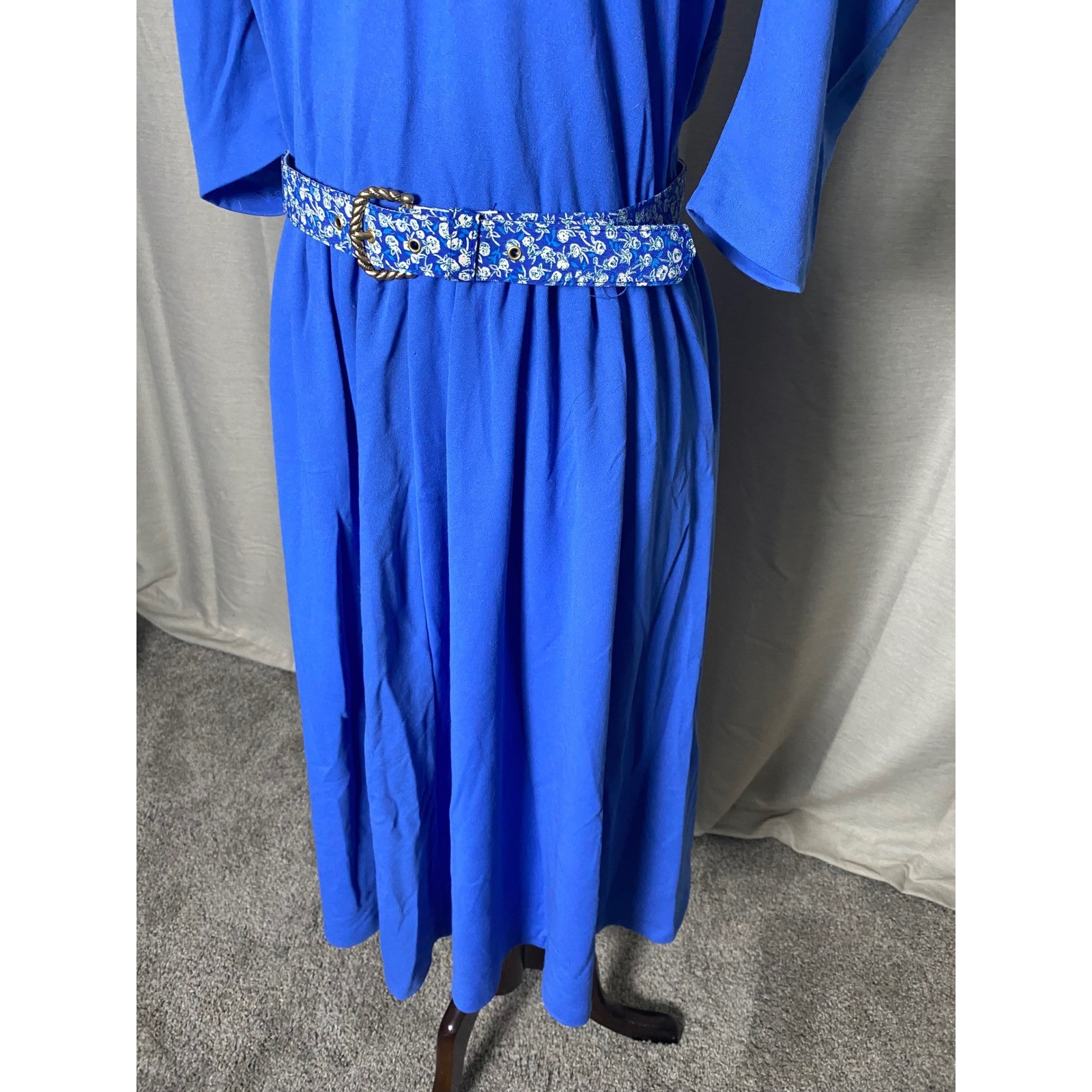 Vintage 70s Puff Sleeve Midi Dress Blue V-Neck A-Line Retro Disco Size 11