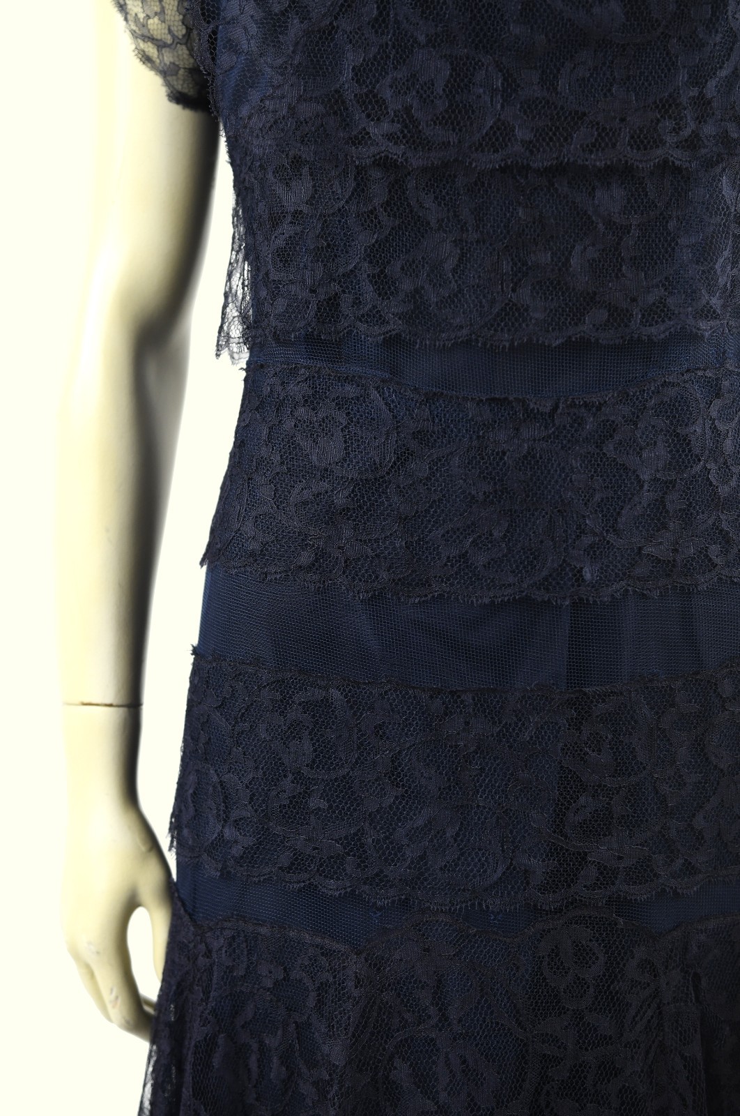 Vintage 40s Sheer Navy Blue Floral Lace Tiered Ruffle Art Deco Evening Dress S M