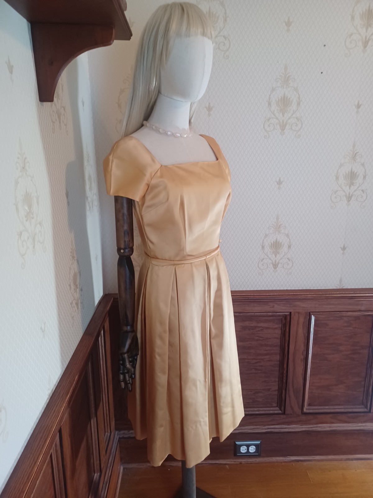 Vintage/Mid-century gold satin cocktail dress, handmade in the 50s or early 60s