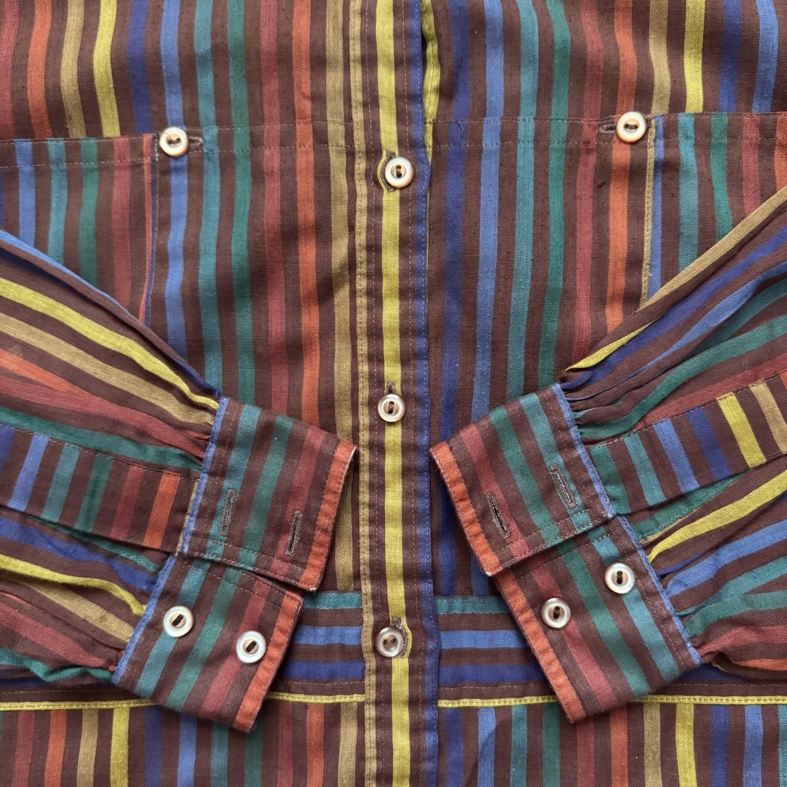 Vintage 80s Vertical Striped Button Light Shirt Messages Womens Sz 10 Multicolor