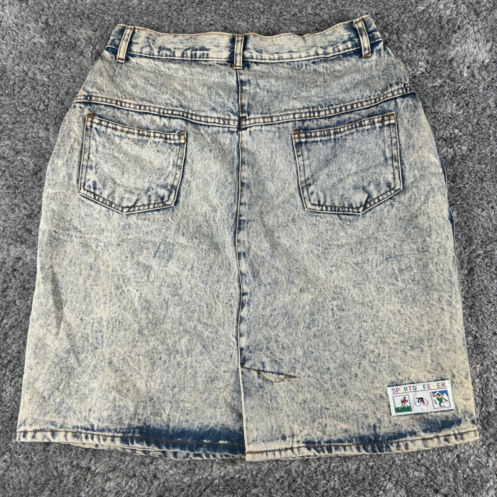 Vintage Sports Fever Denim Skirt Womens 9/10 Blue Acid Wash High Waist Mini 80s