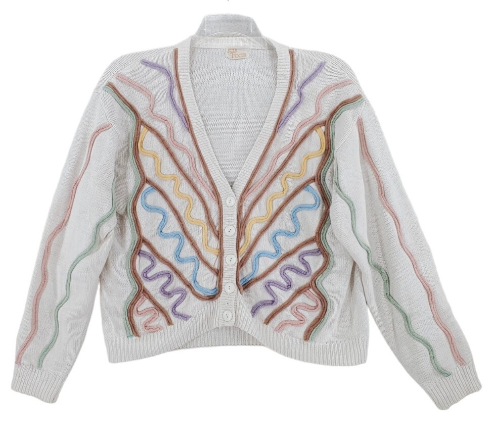 Cardigan Sweater Button V-Neck Cream Colorful Pastel Overstitch Cable M Vtg 80s