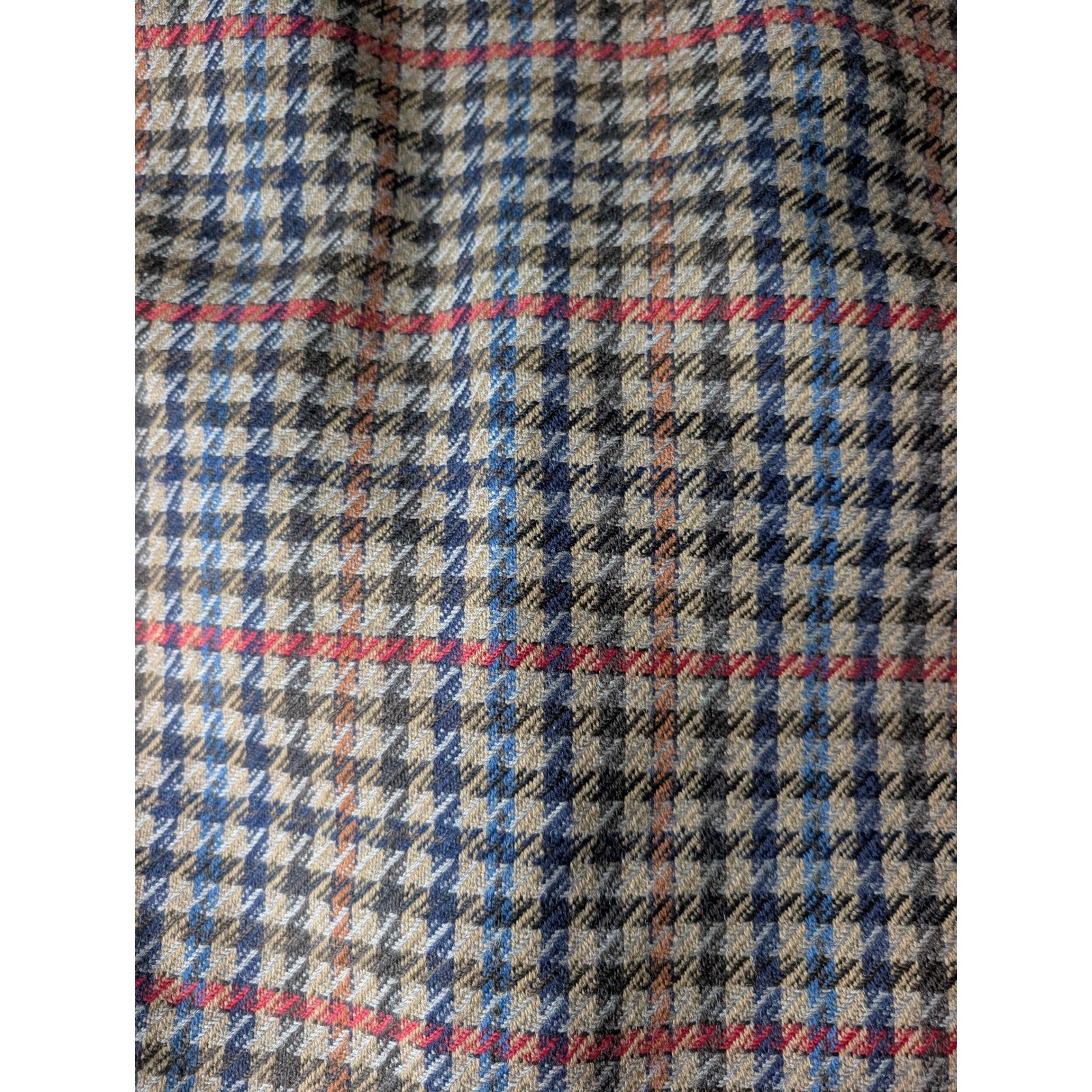 Vintage Pure New Wool Double Breasted Houndstooth Plaid Blazer Tan Blue Red