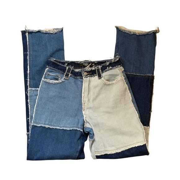 Skater Eclectic Jaded London Frayed Patchwork Panel Jeans Blue Denim Size W25