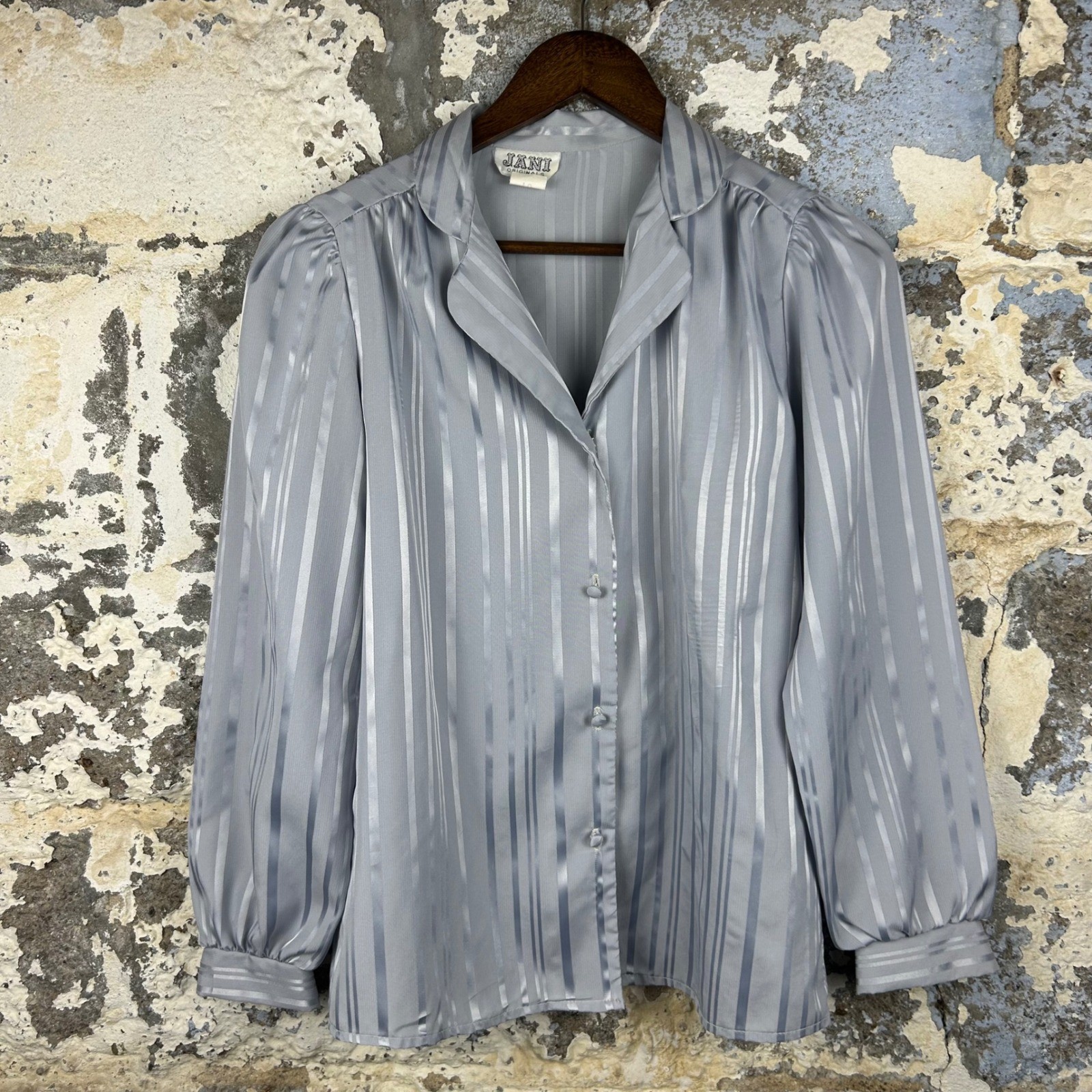 Jani Originals Vintage 80s Striped Long Sleeve Blouse Light Blue Grey Size 10