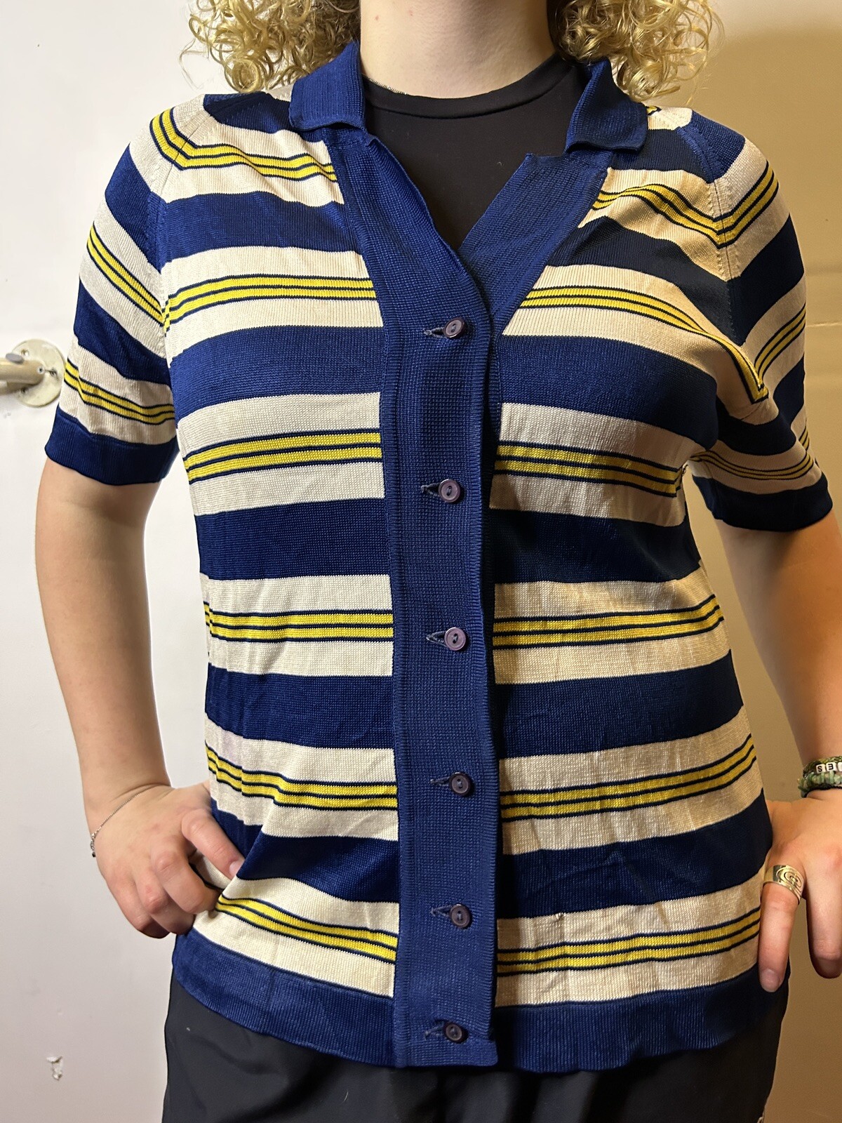 Vintage Australian 70s David Keys Connie Style Cardigan Blue Striped Knit AU 14