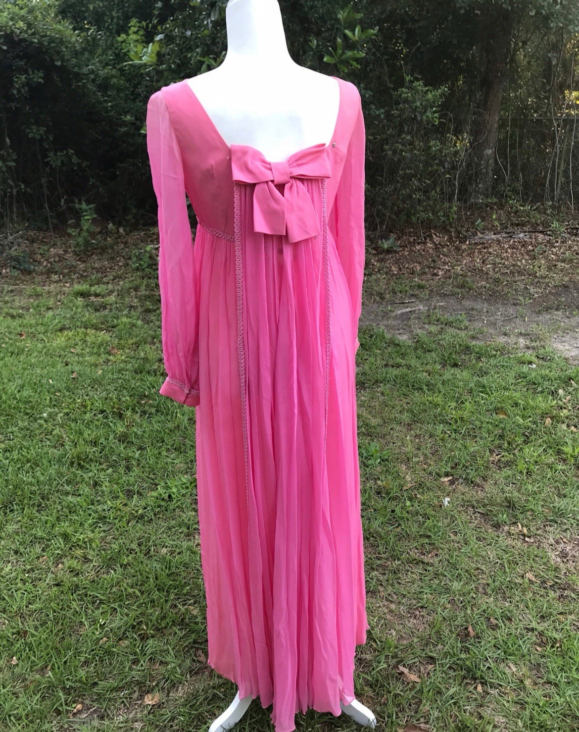 VTG Pink Gown by Lorrie Deb Sheer Sleeves. Empire Waist, Low Back w Bow Train