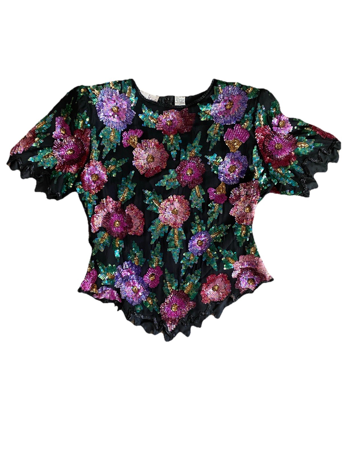 Vintage Laurence Kazar Sequin Silk Blouse Large Black Pink Purple Green Floral
