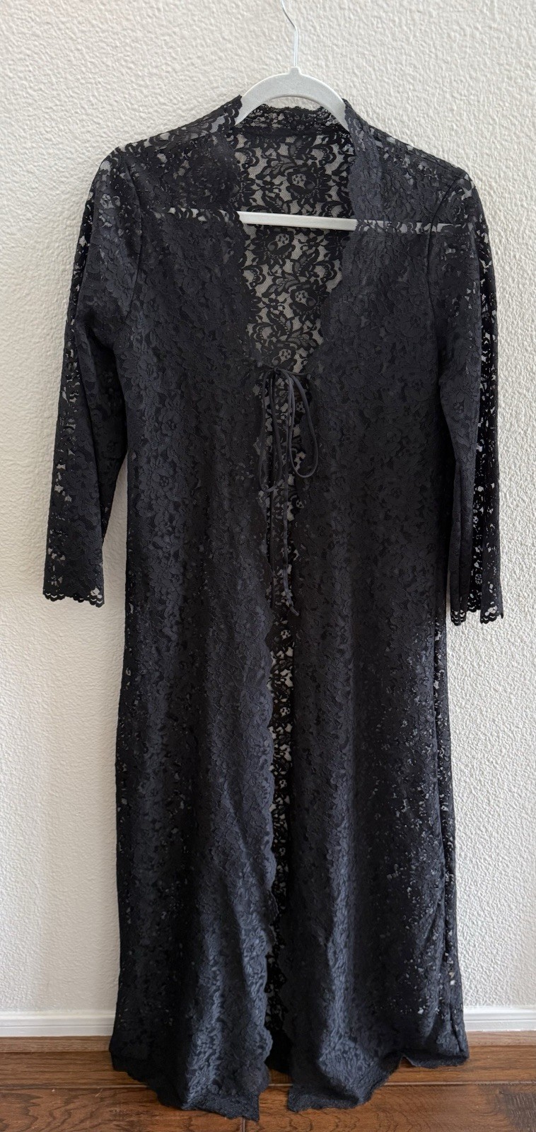VTG Black Lace Robe Lingerie Miss Elaine Duster Union Made USA Whimsigoth S/M